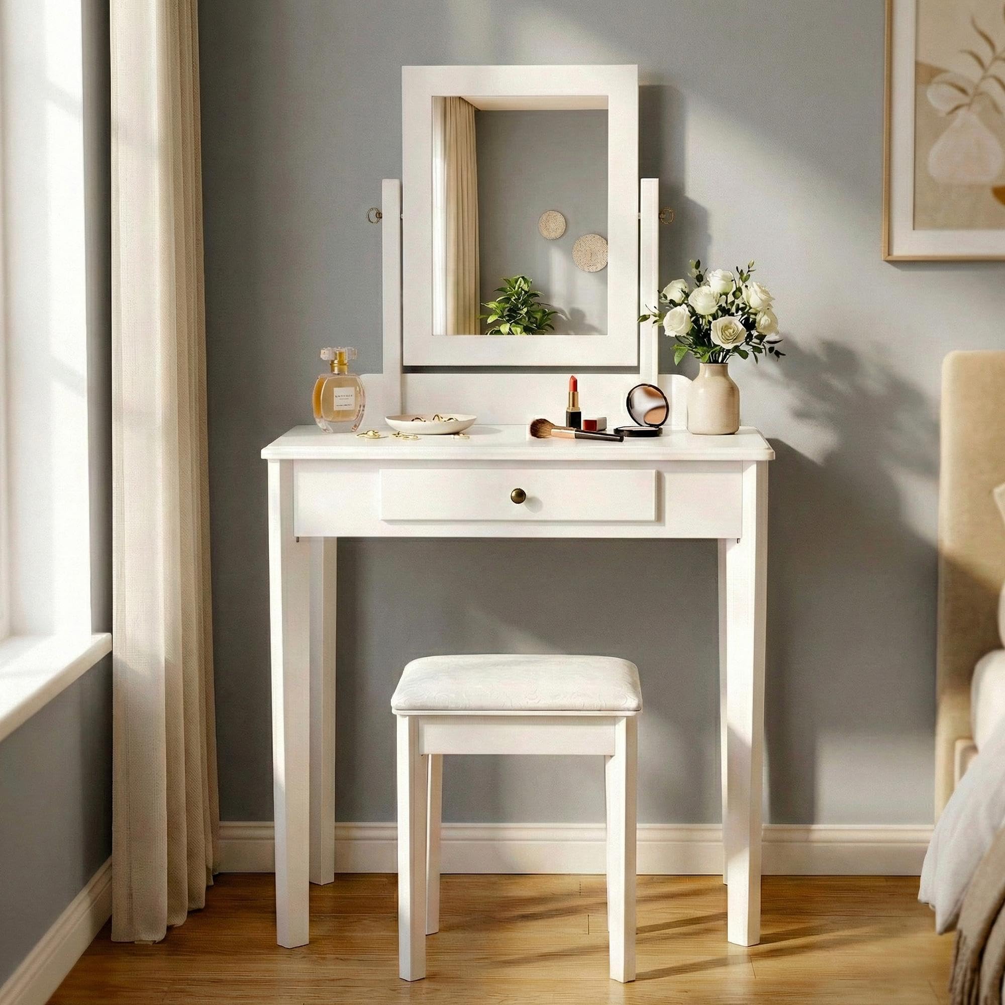 CLP Schminktisch Set mit Hocker und Spiegel Velia, Kosmetiktisch mit Schublade, Sitz gepolstert, Gestell aus Pappelholz Farbe weiß