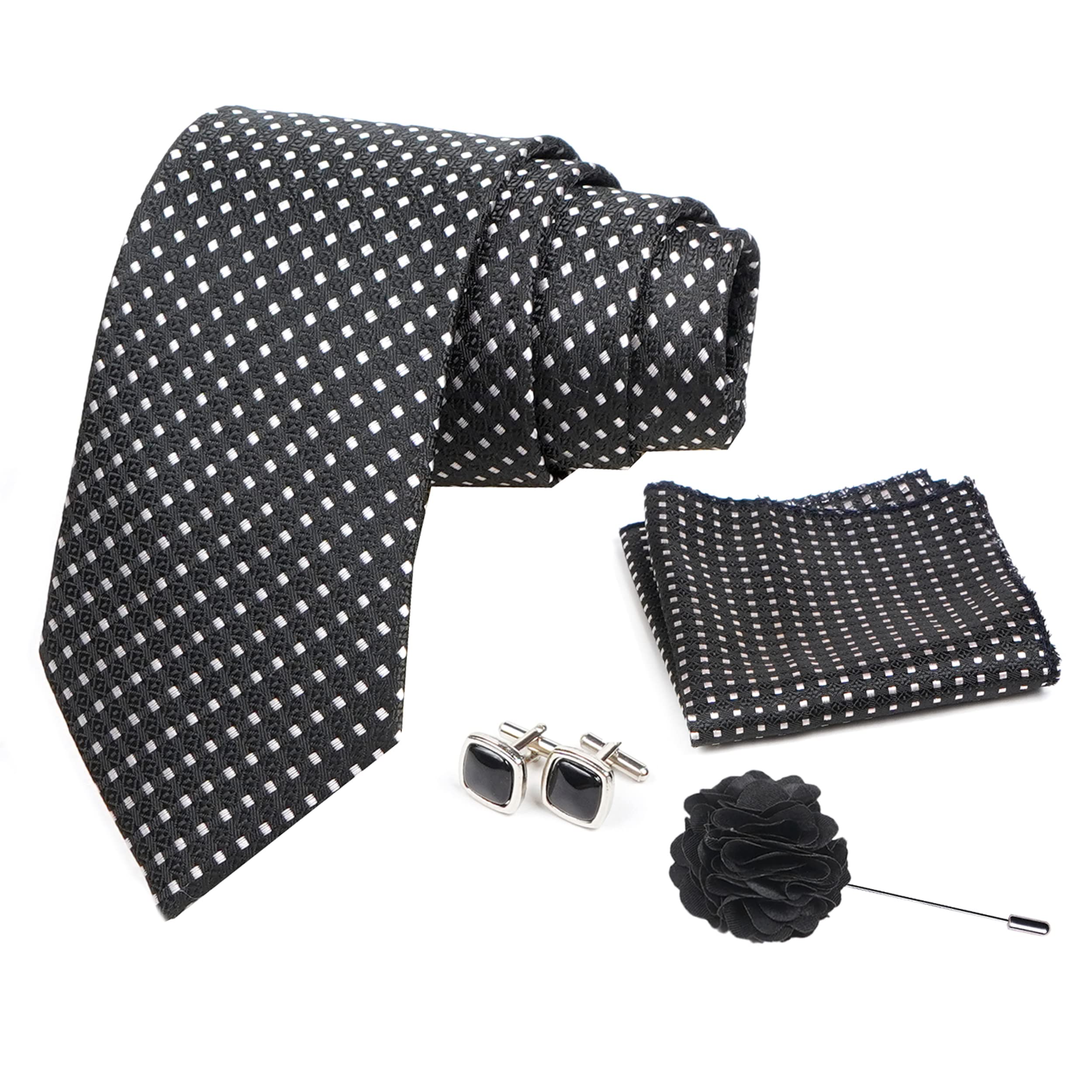Mens Plaid Micro Self Silk Necktie Gift Set With Pocket Square Cufflinks & Brooch Pin Formal Tie With Box (SLKP_2, Black)-image-40
