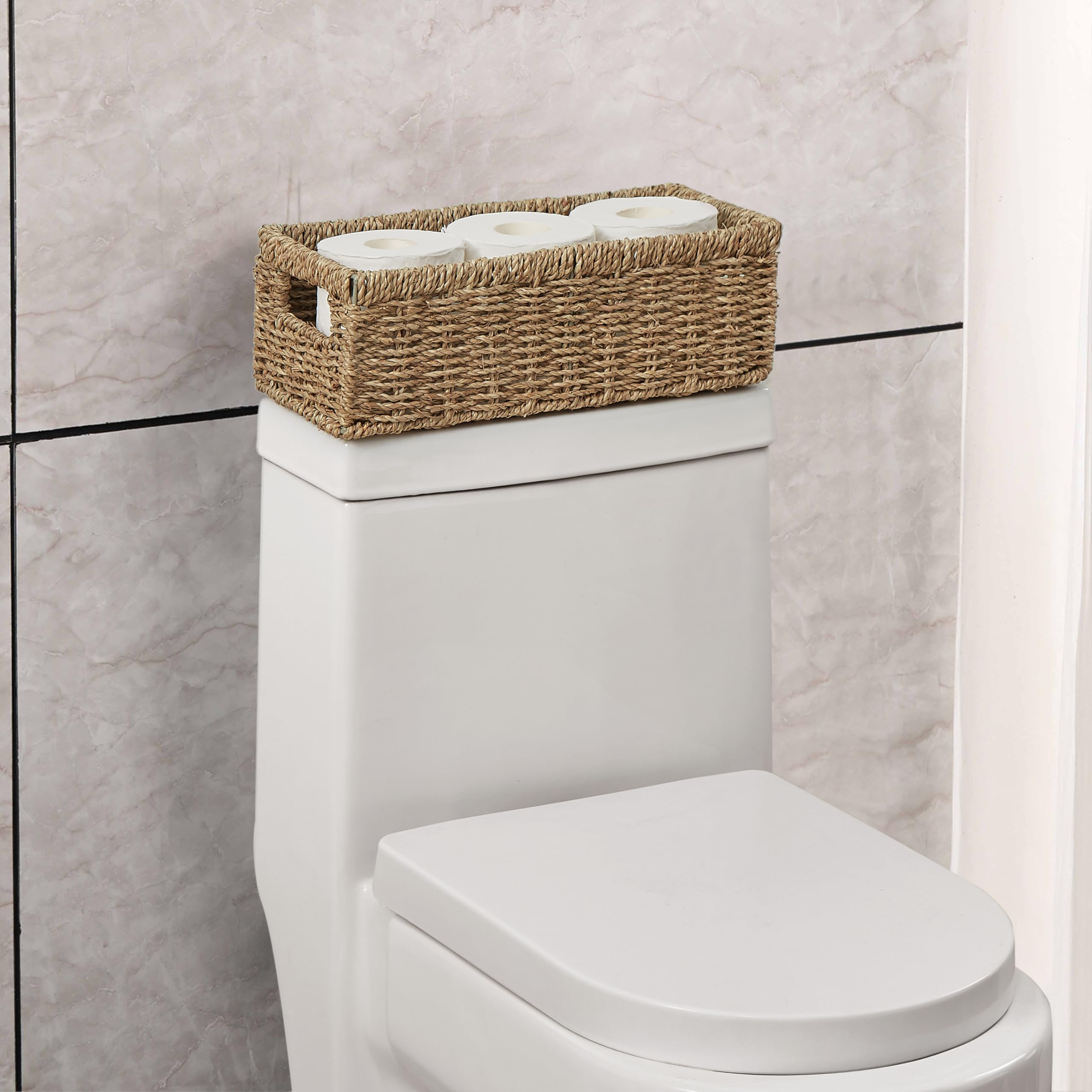 Vagusicc Lot de 2 paniers de rangement en osier, paniers en jonc de mer tissés à la main avec poignées, panier à papier toilette pour réservoir de toilette, petits paniers en osier pour organiser les