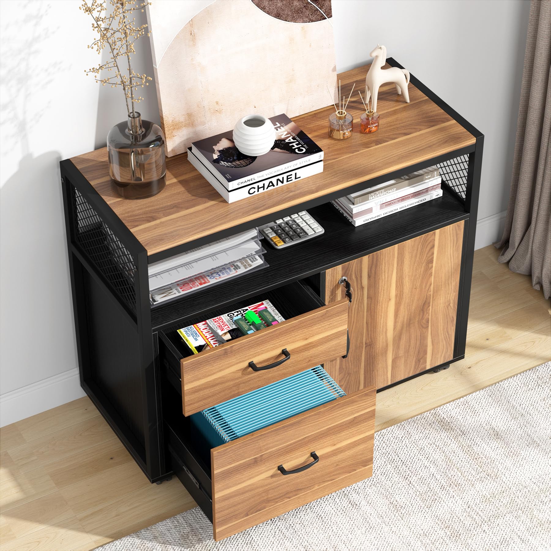 Tribesigns Modern File Cabinet with Drawers for Letter-sized File and Door, Lockable lateral Filing Cabinet Printer Stand with Storage Shelves and with Rolling Caster for Home Office.DESK Not Included