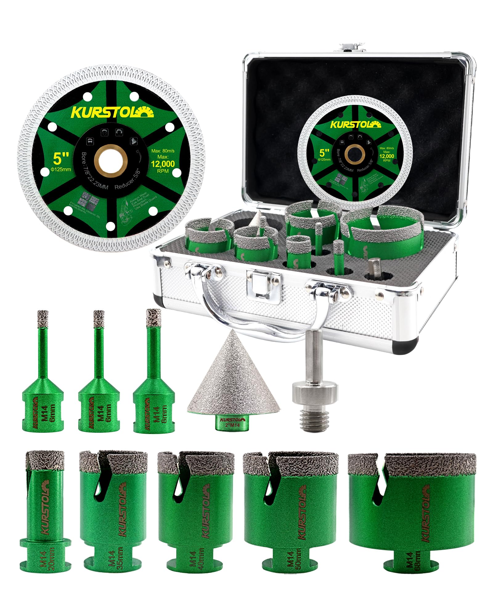 Tile Hole Saw Kit 11pcs- KURSTOL 6/6/8/20/35/40/50/68mm Diamond Core Drill Bits+50mm Chamfer Bit+125mm Diamond Saw Blade+Adapter for Tile Porcelain Ceramic Granite Marble