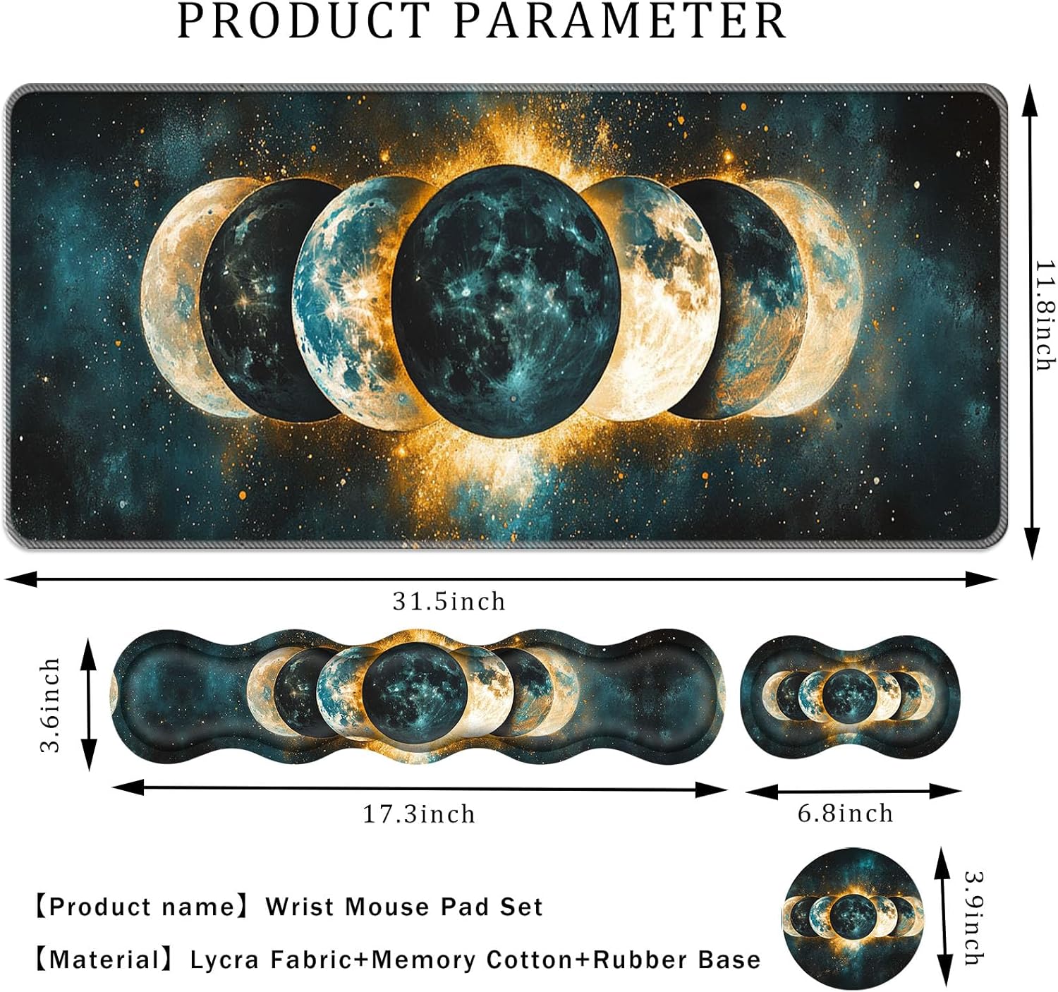 Keyboard Wrist Rest Set,Memory Foam Wrist Support Mouse Pad,31.5"x11.8" Desk Mat for Comfortable Typing & Pain Relief,Non-Slip Base for Office & Home Use - Moon Phases