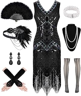 1920s Dresses for Women, Flapper Dress Lace Fan Feather Headband Sequins Beads Fringes 20s Accessories Vintage Mafia Costume