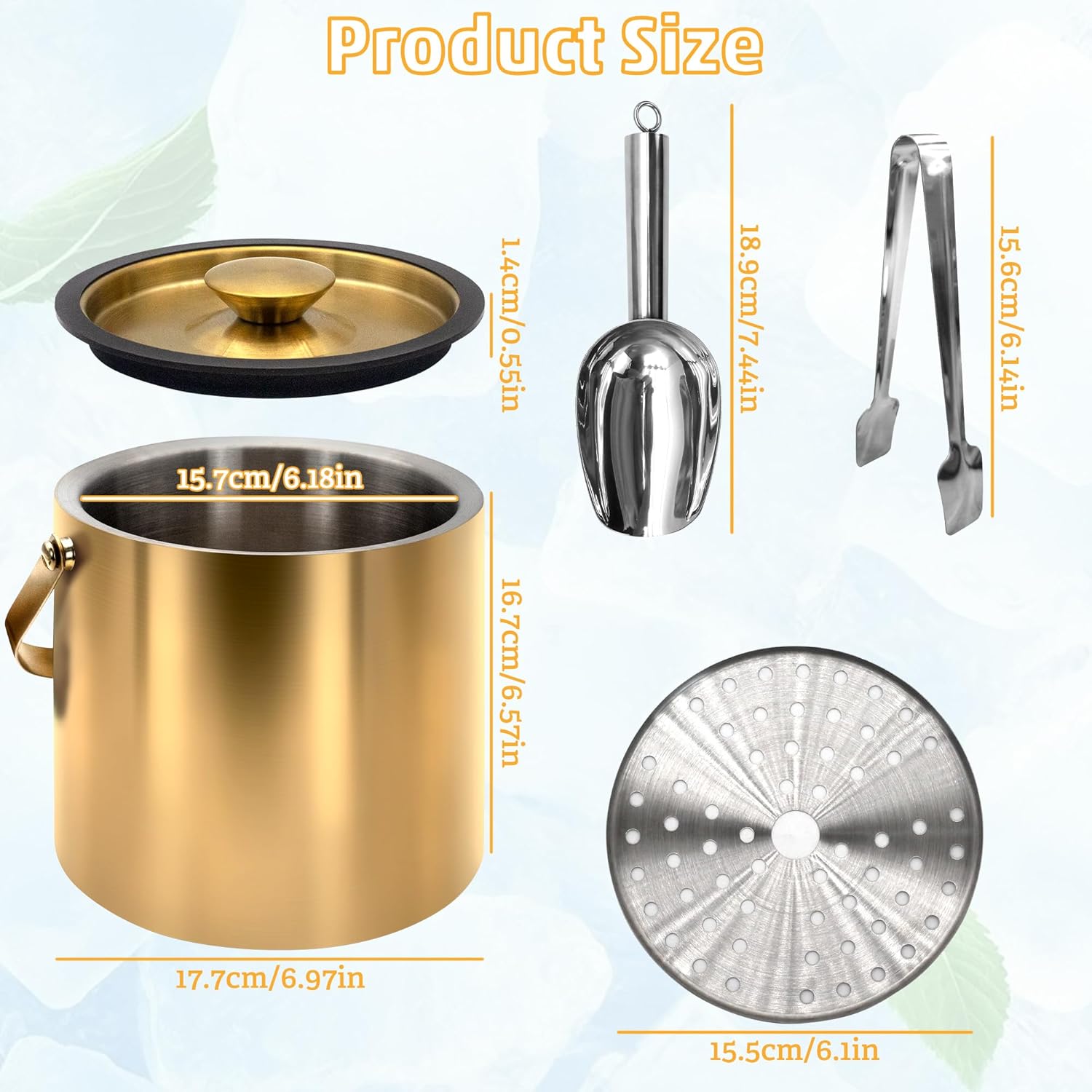 Gold Ice Bucket 3.2L – Double Wall Insulated Stainless Steel Ice Bucket with Lid, Scoop & Tongs – Large Champagne Bucket for Parties, Bar Cart, Outdoor Events, Cocktail & Wine Chilling