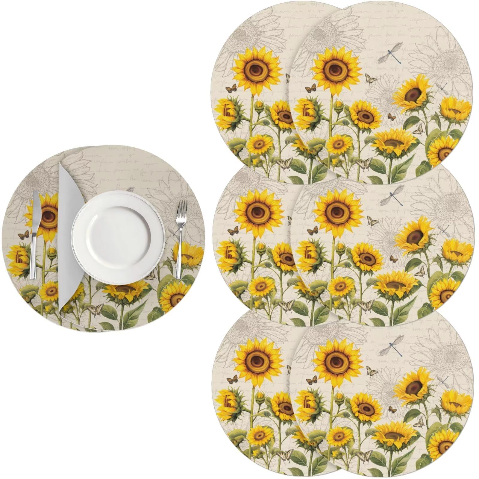 Generic Vintage Sunflower Placemats for Ronud Table Oval Dining Table Mats Set of 6 Wipeable Reversible Kitchen Dining Pu Placemats for Home Party Accessories — image 1