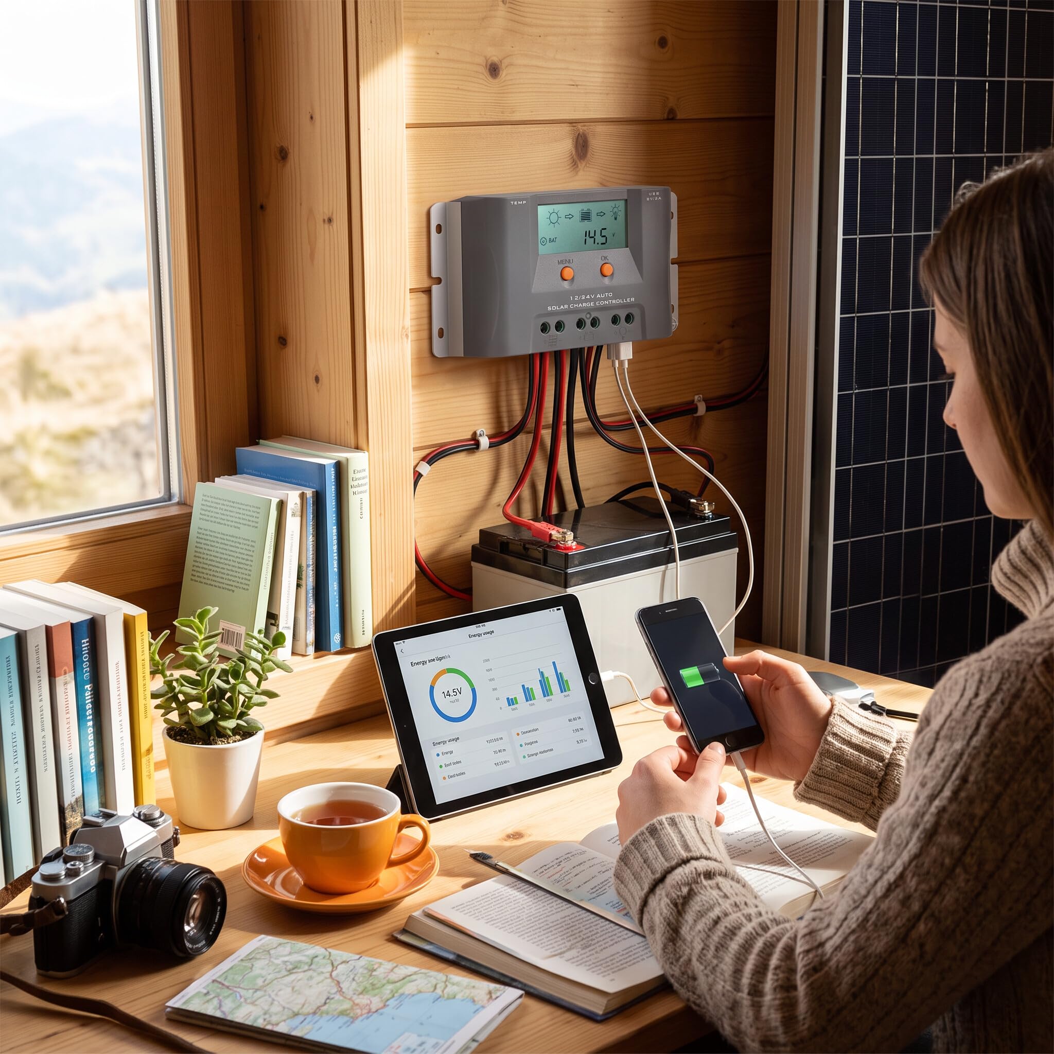Greensen 40A Solarny Regulator ładowania z technologią MPPT, Automatyczne Rozpoznawanie 12V 24V dla Paneli Słonecznych 720W 1440W, z Portami USB i obsługą Komunikacji 485