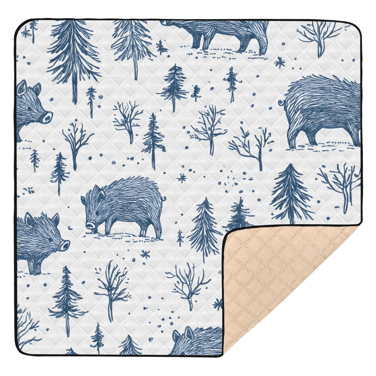 BOESI Doodle Boar and Tree Baby Play Mat, 50“ X 50” Washable Folding Crawling Mat, Baby Floor Mat, Soft, Thick, Non-Slip