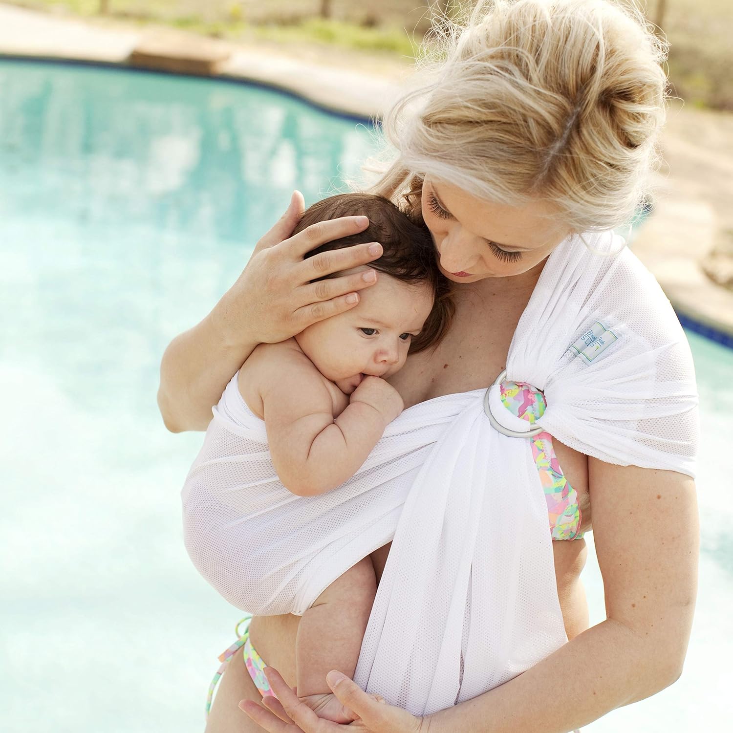Versatile Water & Warm Weather Ring Sling Baby Carrier | Made in USA with Safety Tested Fabric & Aluminum Rings | Lightweight, Quick Dry & Breathable (White Wave, Petite)