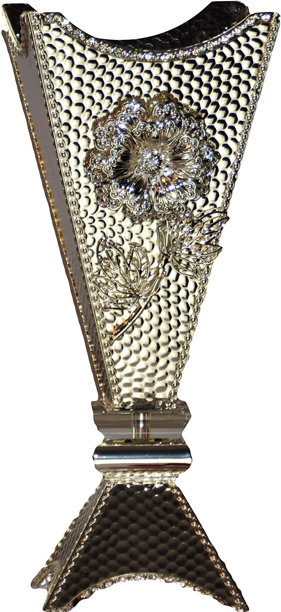 Intense Oud 4 Corner Textured Flower Incense Burner – 14 Inch Tall Silver Oud Burner (Mabkhara) with Metal Tray, Ideal for Aromatherapy, Yoga, Home & Office Decor