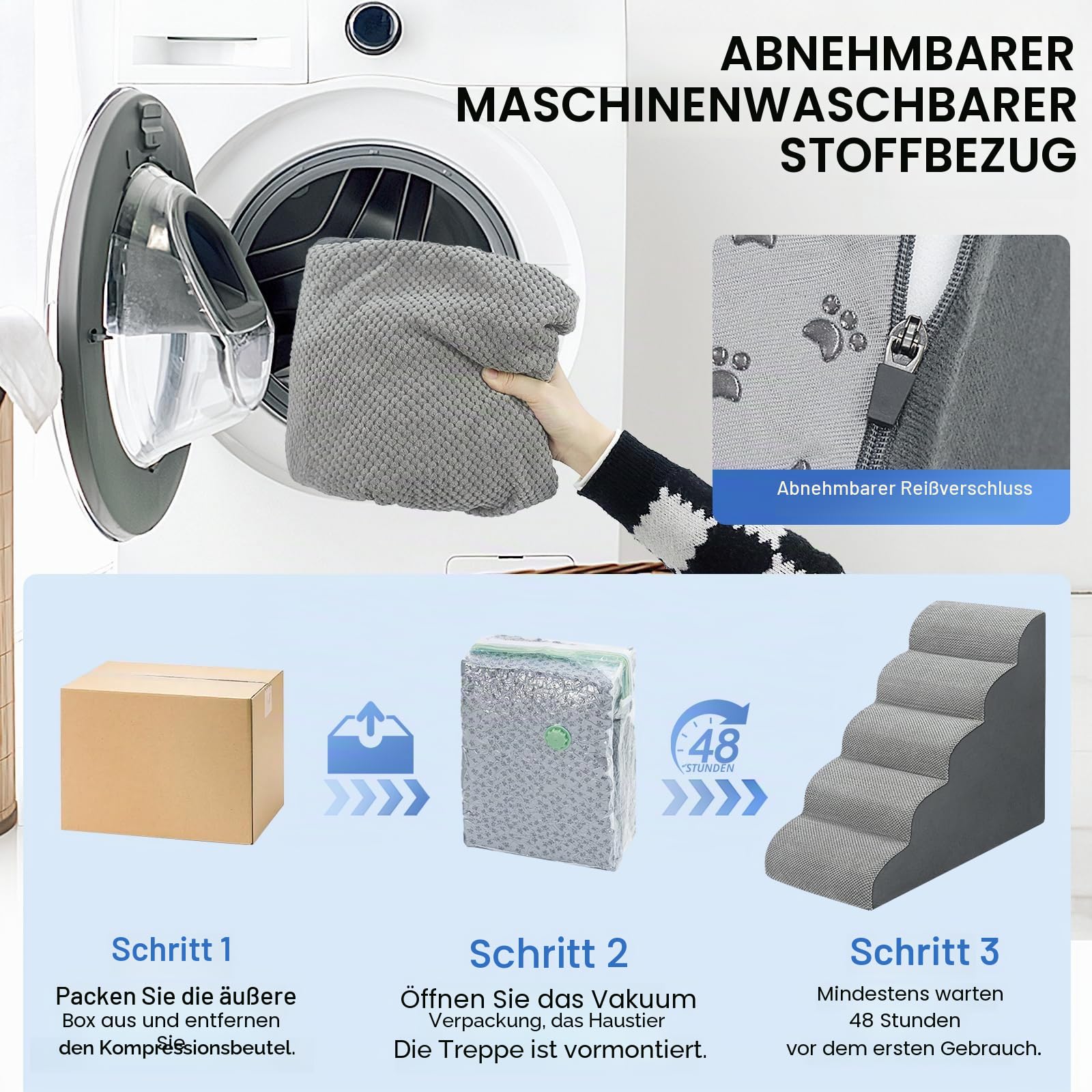 Hundetreppe für Bett, 72 cm hoch, 5-stufige Hunderampe, rutschfest, stabile Haustiertreppe für kleine Hunde und Katzen, um auf Hochbett oder Couch zu steigen, Grau