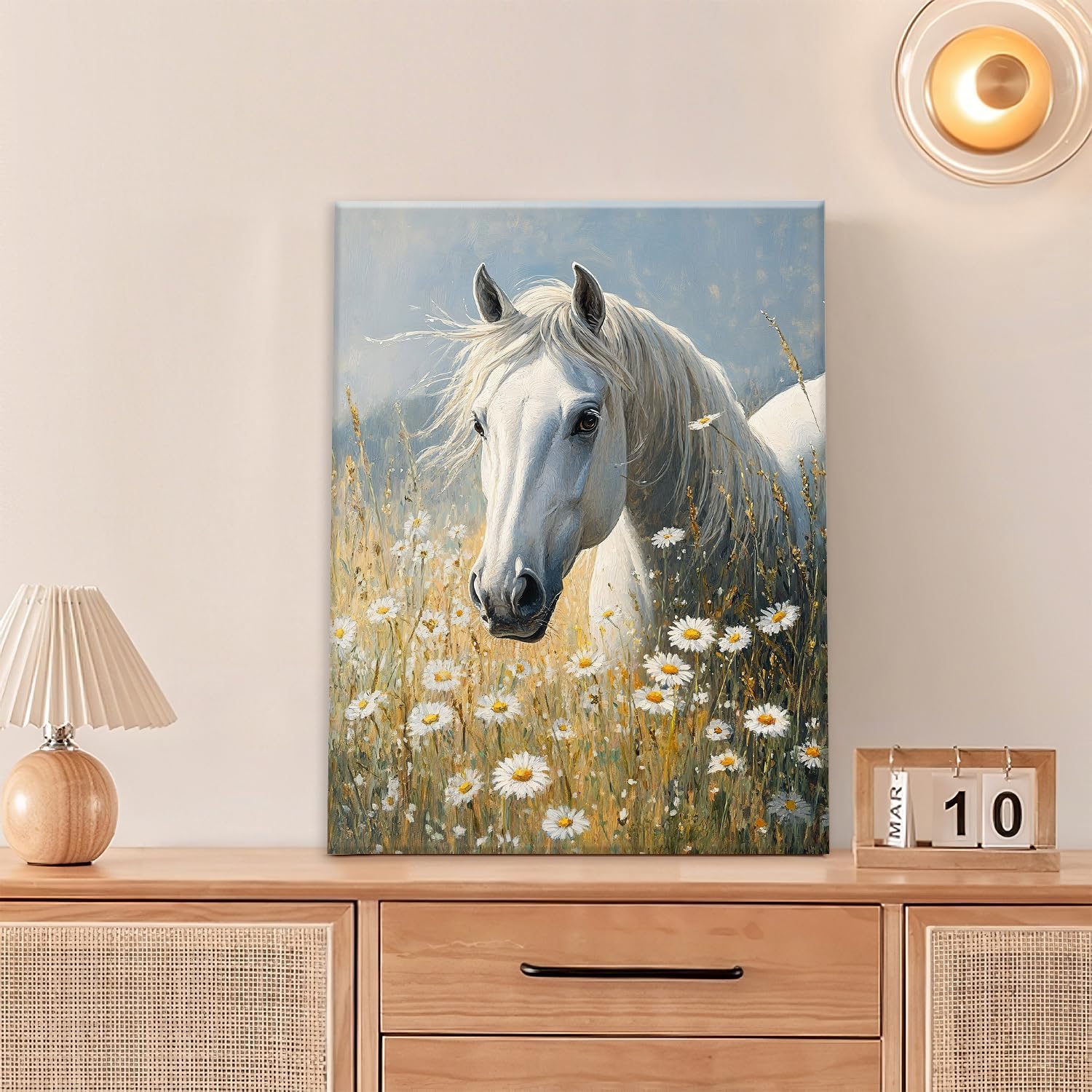 Spaexor Horse Wall Art, White Horse Flowers Pictures Wall Decor, Animal Canvas Prints Painting Frame Artwork for Living Room Bathroom Bedroom
