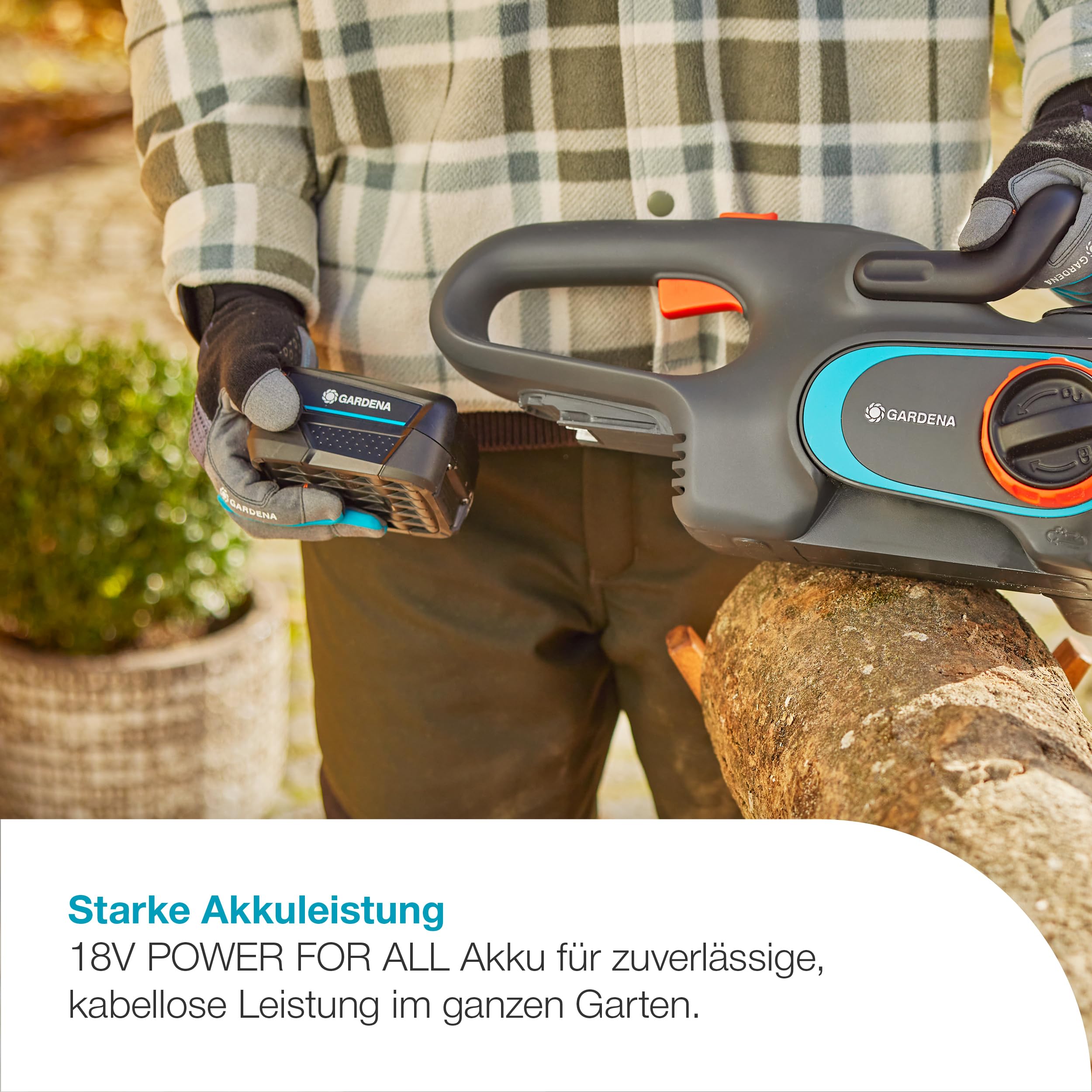 Gardena Akku-Kettensäge PowerSaw 250/18V P4A Ready-To-Use Set: Oregon Kette, Ergonomisch, Geräuscharm, Kettenbremse, Kabellos (14790-20)