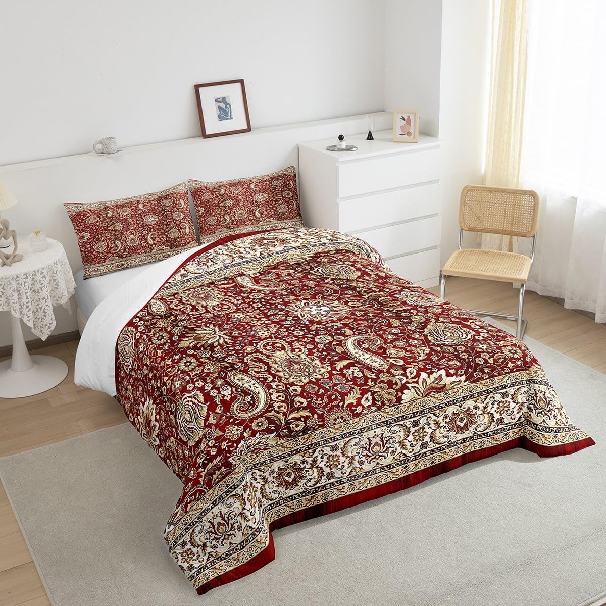 Erosebridal Paisley Comforter Set King, Red Yellow Floral Bedding Set for Men Women, Boho Flowers Exotic Tribal Retro Fashion Down Comforter Bohemian Damask Medallion Egyptian Quilted Duvet