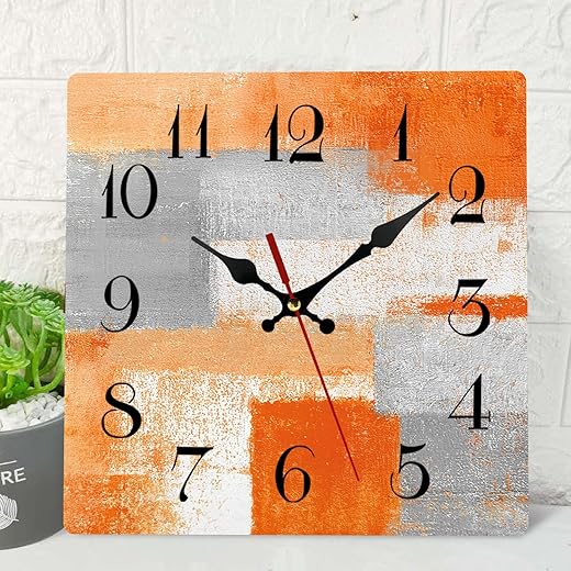 ArtSocket Wooden Wall Clock Silent Non-Ticking, Abstract Orange Grey Geometric Minimalist Checkered Square Rustic Wall Clocks Decor for Home Kitchen Living Room Office, Battery Operated(12 Inch)