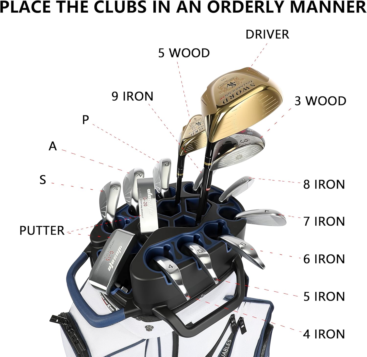 14 Way Full-Length Divider Top Men Golf Cart Bag, Fixed Slots Clubs Organized Premium Oxford Cloth Women 13 Pockets Black Blue Green Golf Bag with 3 Handles Cooler Rain Cover