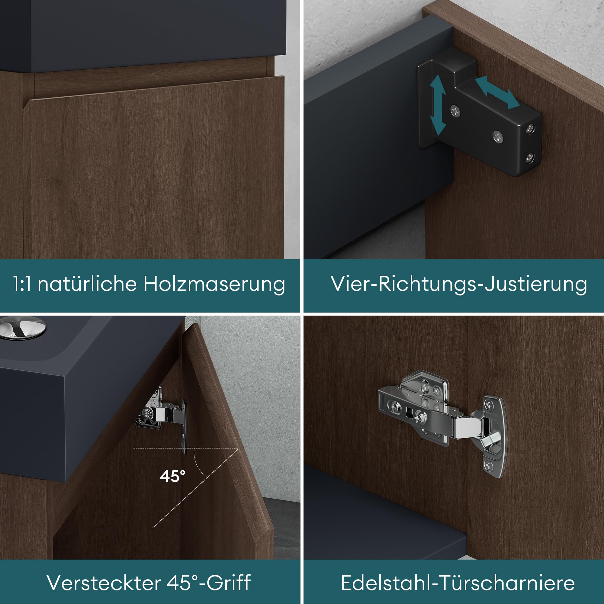 Mai & Mai Mueble de Baño con Lavabo 46x26x63 cm – Suspendido, Mármol Fundido Antracita Mate, Acabado Roble Stirling, con Espacio de Almacenaje