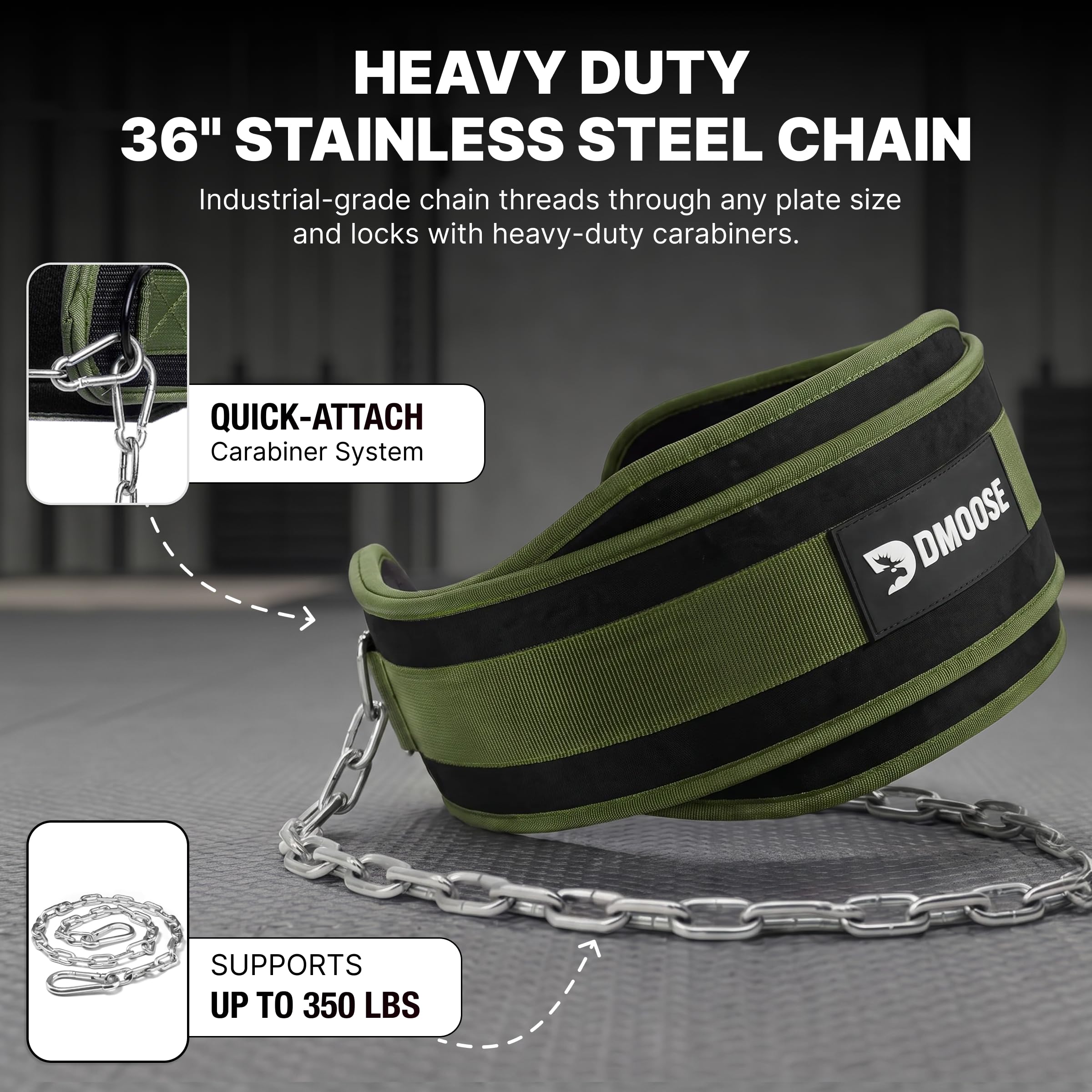 DMoose Fitness Cinturón de inmersión para levantamiento de pesas, dominadas, sentadillas y inmersiones, cadena de acero robusta de 36 pulgadas, cómodo acolchado de neopreno que soporta 350 libras