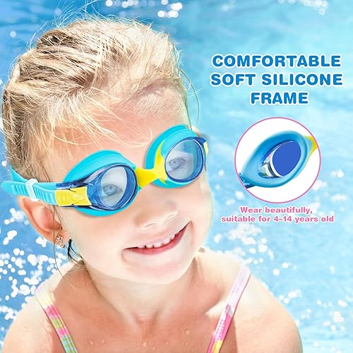Miniatura 5 de FOGULO Paquete de 4 gafas de natación para niños de 4 a 14 años, gafas de natación antiniebla con protección UV, gafas impermeables para niños y