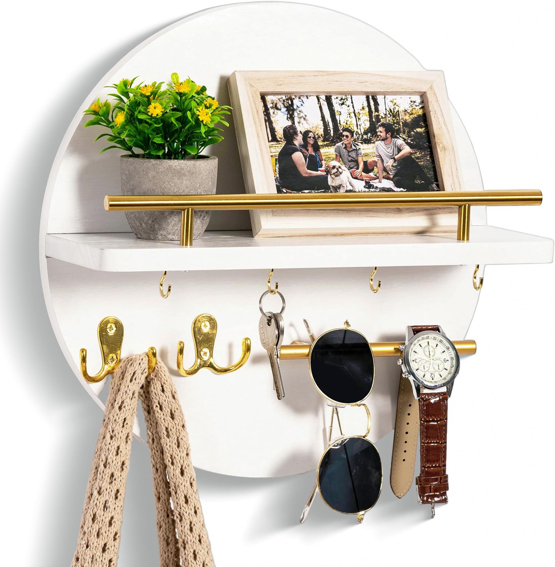 Key Holder Wall Mount with Shelf and Hooks, Mail Organizer for Wall, White