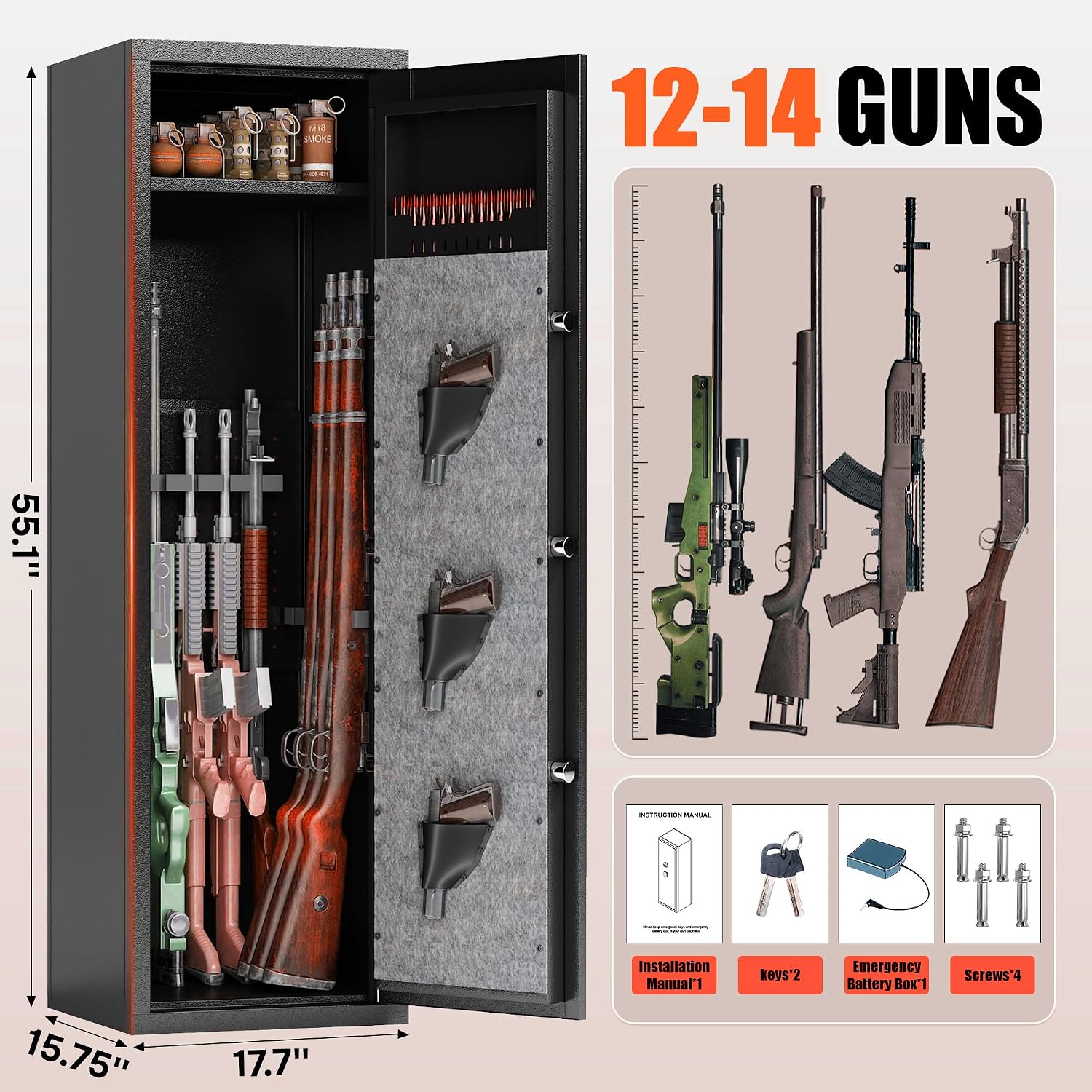 12-14 Gun Safe for Rifles and Pistols,Safe Quick-Access Long Gun & Ammunition, Easy to Assemble, Adjustable Storage Racks & Pistol Compartment, Heavy-Duty Gun Cabinet for Home & Hunting Enthusiasts
