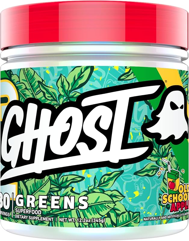 GHOST Greens Superfood Powder, Old School Apple, 30 Servings, Gluten-Free | 19 Super Greens & Reds, Fruits, Vegetables, Spirulina, & Chlorella, Prebiotics, 10 Billion CFU Probiotic & Digestive Enzymes