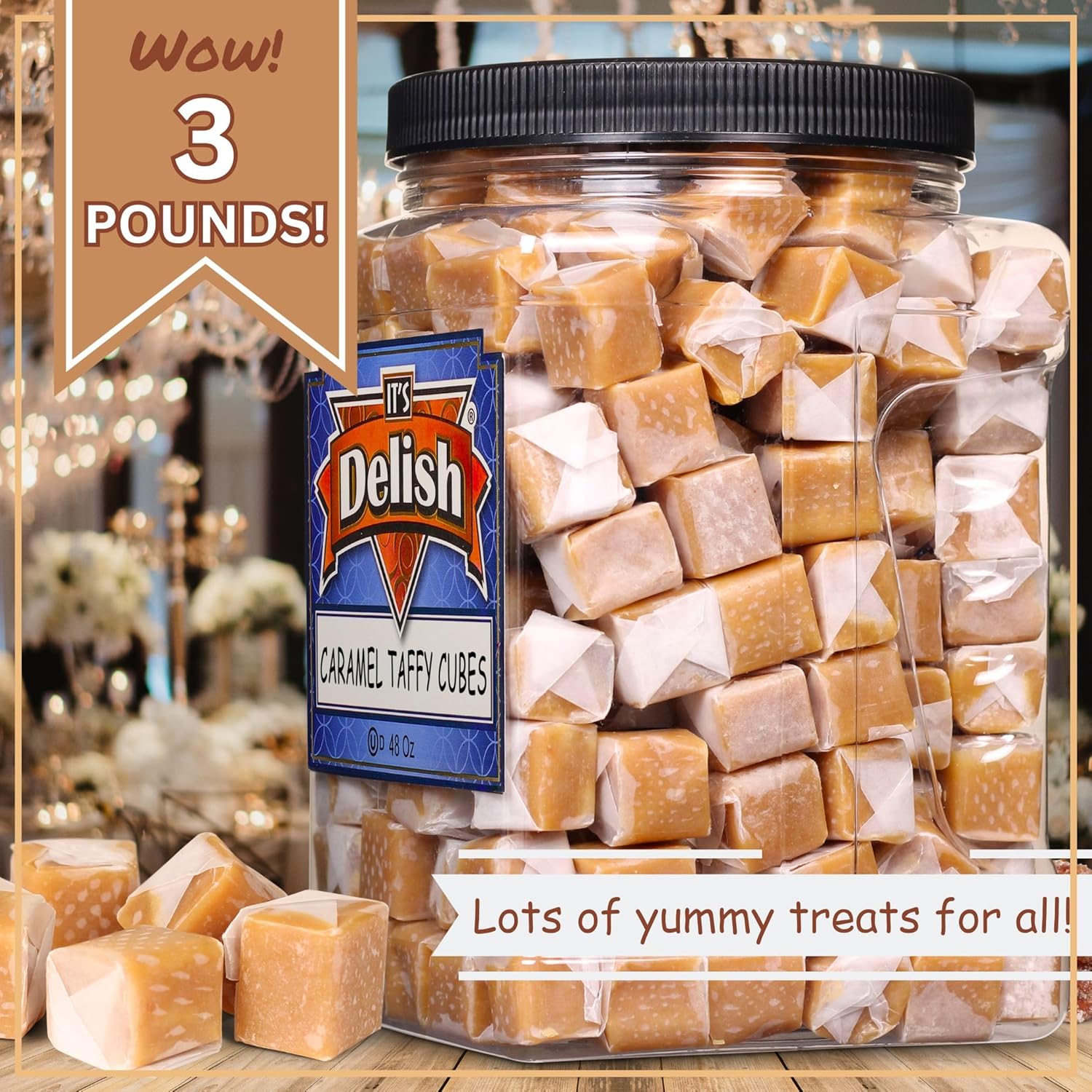 Butterscotch Caramel Squares Taffy Candy by Its Delish, 3 LBS Jumbo Container – Soft Caramels Candy Chews Individually Wrapped – Delicious Chewy Carmel Treats for Home or Office Parties | Kosher Dairy