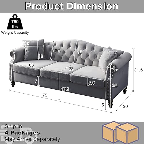Miniatura 2 de Chesterfield - Juego de 2 sofás modernos de terciopelo gris de 79 pulgadas de 3 plazas, sofá combinado con 4 almohadas, respaldo curvado recortado y