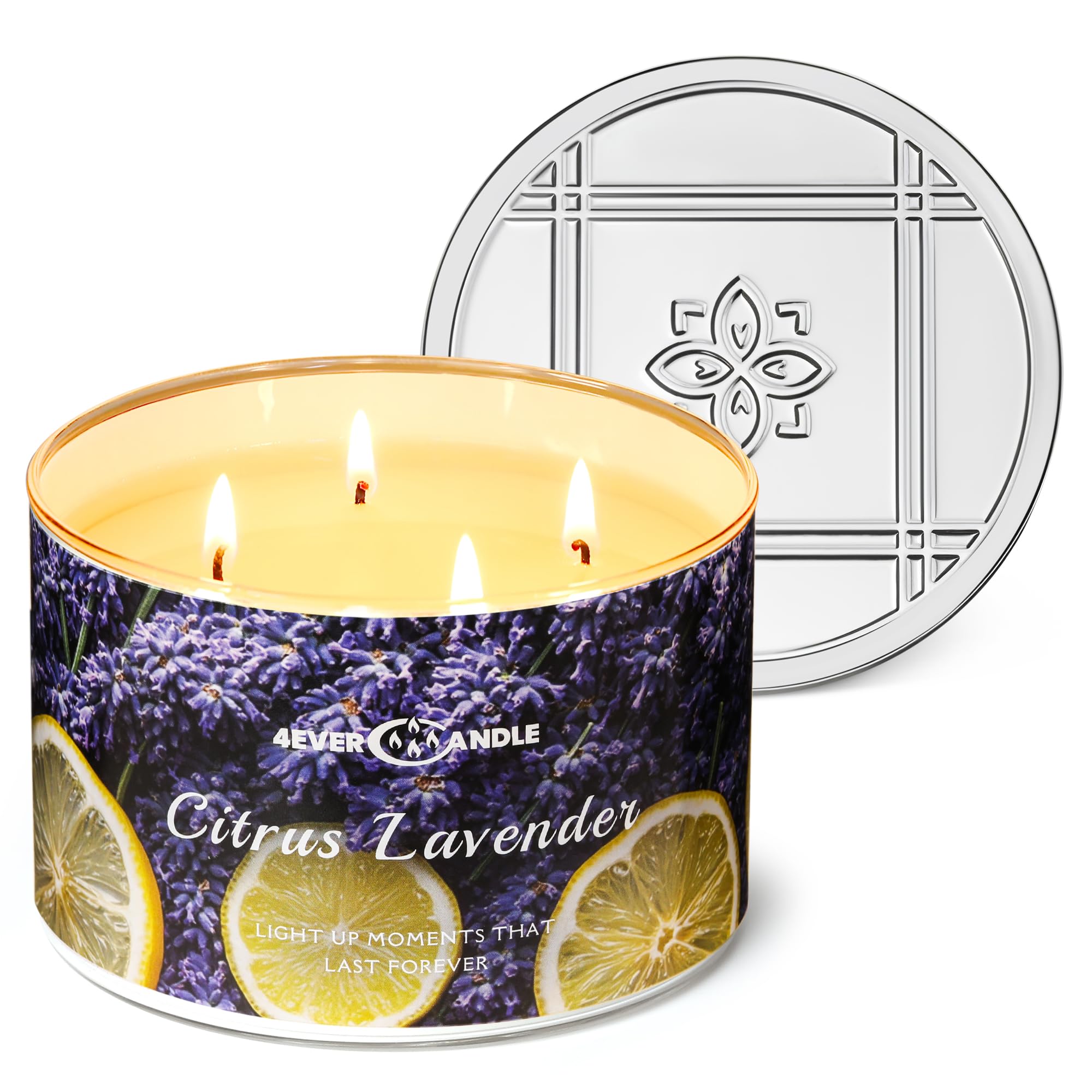  4EVER Citrus Lavender Scented Candle - 4-Wick 18oz Soy Wax for Home - Up to 50Hrs Burn Time - Aromatherapy Gifts for Wo