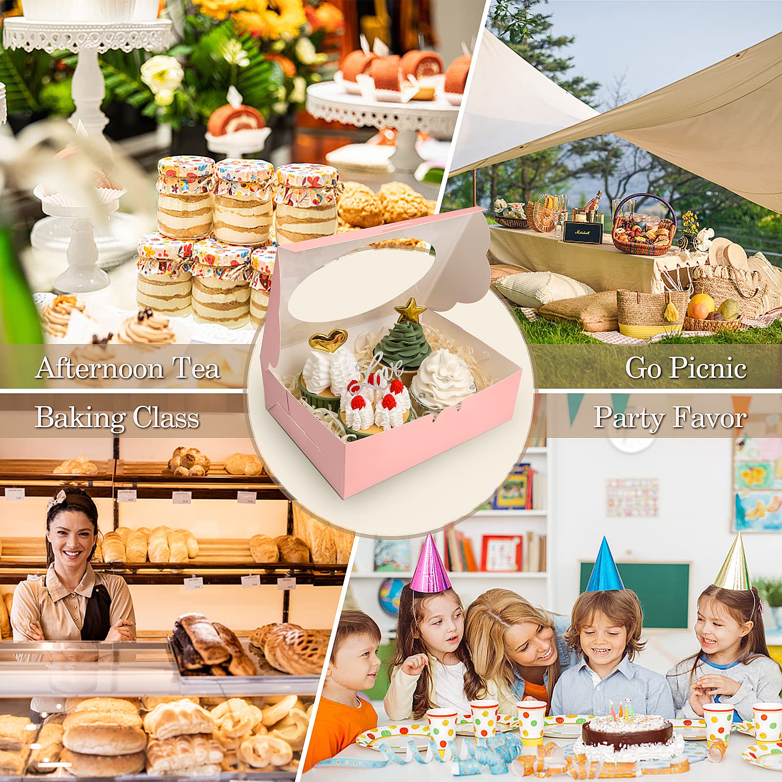 KPOSIYA 65 cajas de galletas de 8 x 6 x 2.5 pulgadas con ventana, cajas de panadería rosas para regalo, golosinas, postres, cupcakes, chocolate, fresas, donas, magdalenas (5 ventanas de estilo)