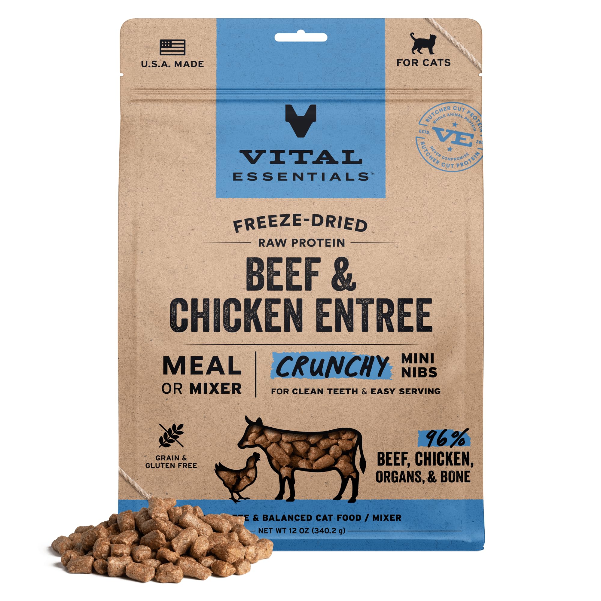 Vital Essentials Freeze-Dried Raw Beef & Chicken Meal or Mixer Cat Food Crunchy Nibs, 12 oz