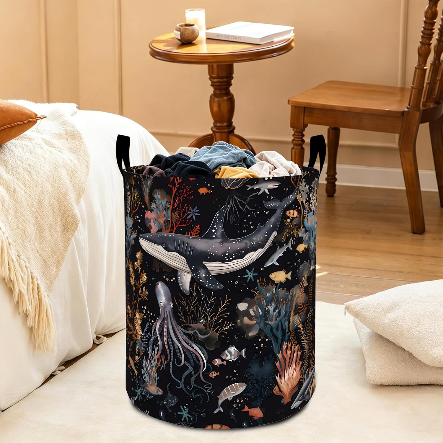 Fantasy Ocean Laundry Basket Underwater Whale Coral Octopus Waterproof Oxford Fabric Cloth Storage Hamper, 19.7x15.7 Inch Deep Sea Portable Dirty Baskets Decor Gifts for Living Room Bathroom