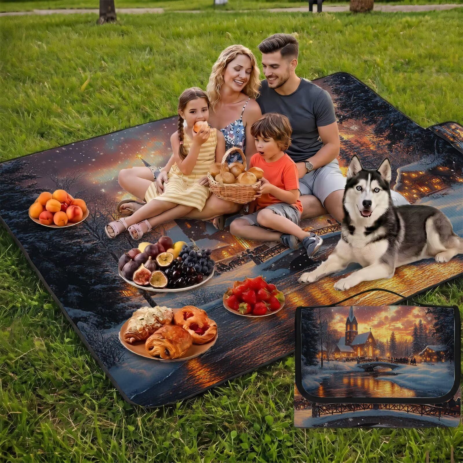 Couverture Pique Nique Grande 200x300cm,Outdoor Couverture Imperméable,Pliable Tapis de Plage Dos en PVC Anti-Sable,Picnic Blanket pour Camping Accessoires,Jardin,Parc - Forêt,Paysage (2) UZ-718
