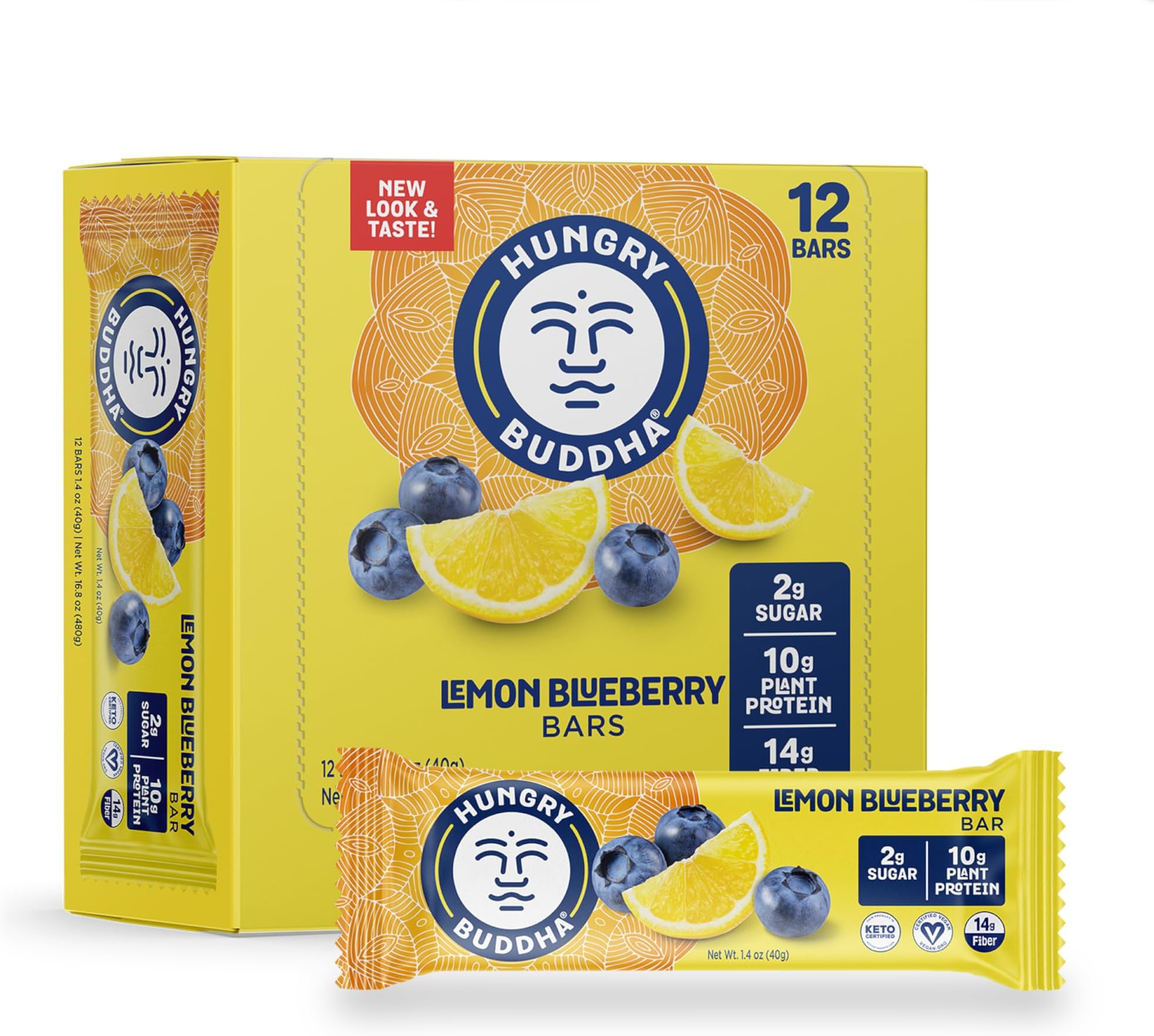 HUNGRY BUDDHA Bars - Plant Based Protein Bars - Vegan Nutrition Bars - Low Sugar Healthy Snacks - Gluten Free Snack Bars - Peanut Free - Protein Bar - Keto Bar - 12 Count - [Lemon Blueberry].