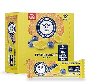 HUNGRY BUDDHA Bars - Plant Based Protein Bars - Vegan Nutrition Bars - Low Sugar Healthy Snacks - Gluten Free Snack Bars - Peanut Free - Protein Bar - Keto Bar - 12 Count - [Lemon Blueberry]