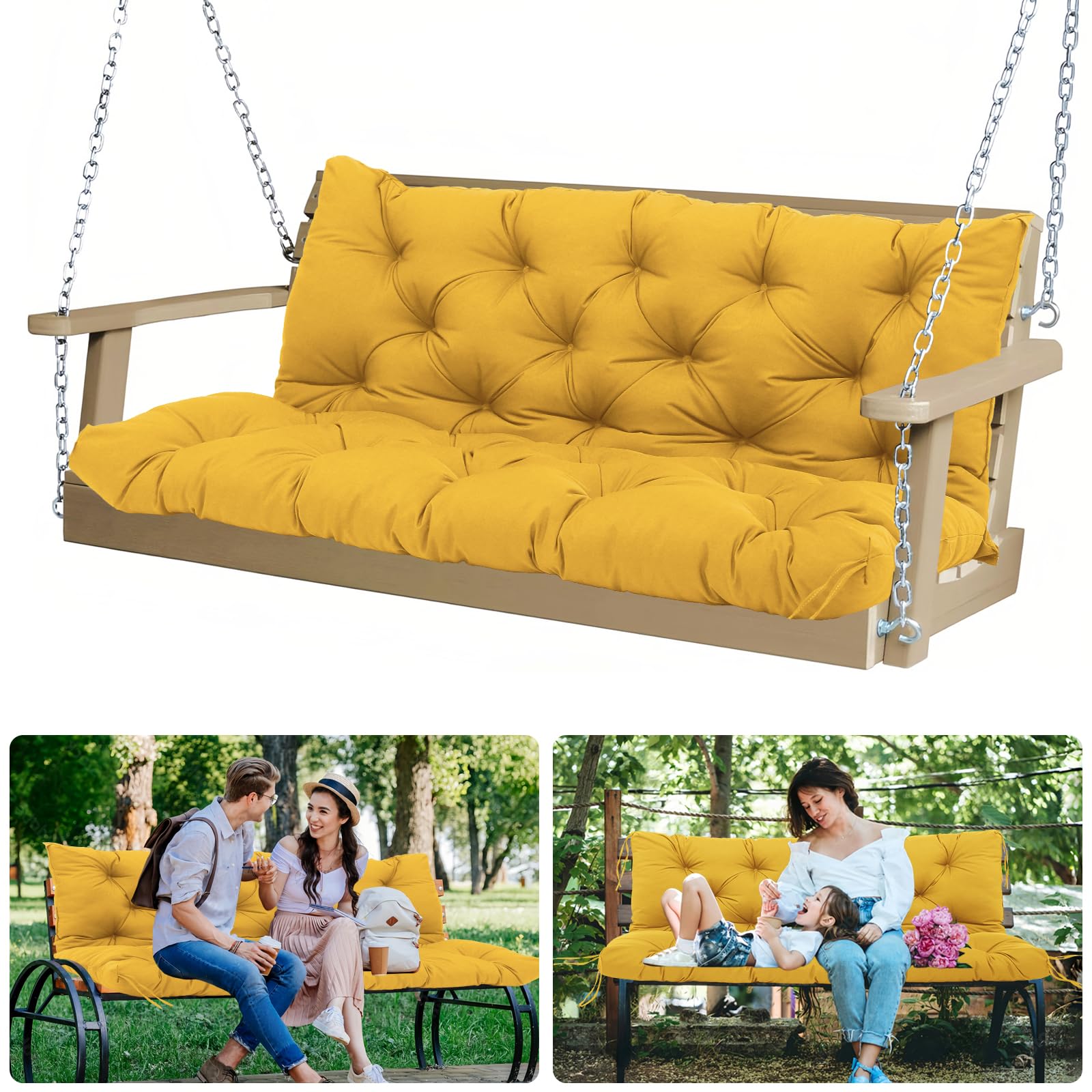 MVRFN Waterproof 60 Inch Porch Swing Cushions 3 Seater Replacement Extra 5" Thick Outdoor Furniture Cushions with Non-Slip Straps & Backrest for Patio, Garden, Backyard (Yellow 60×40×5inch)