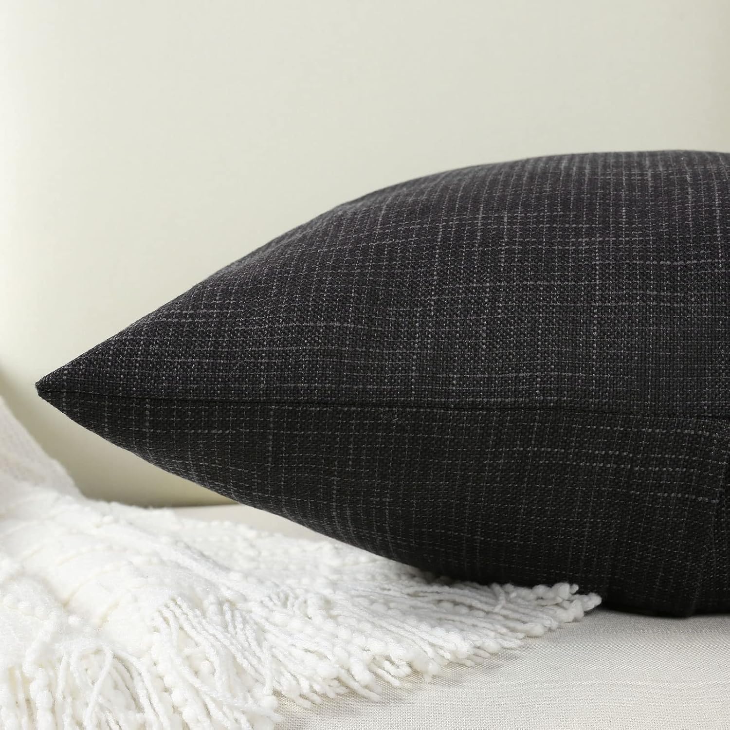HAUSSY Black Linen Decorative Throw Pillow Covers 20x20 Inch Set of 2,Square Cushion Case with 3 Vintage Buttons,Modern Farmhouse Home Decor for Couch,Bed