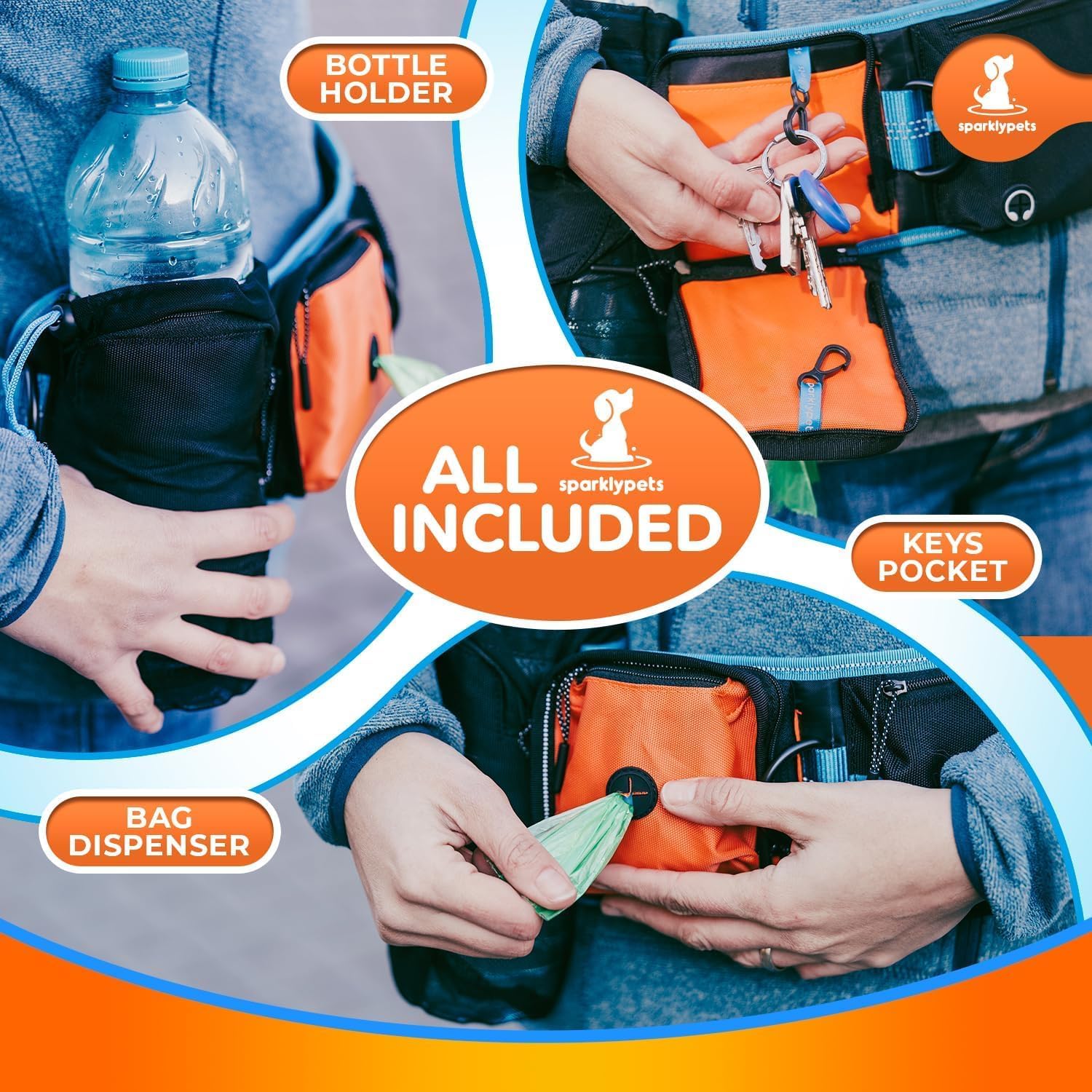 SparklyPets Double Bungee Waist 2 Dog Leash with Back Brace – Dual Dog Leash for Medium/Large Breeds – Running Belt Fanny Pack with Phone, Waste, Treat, and Bottle Pockets