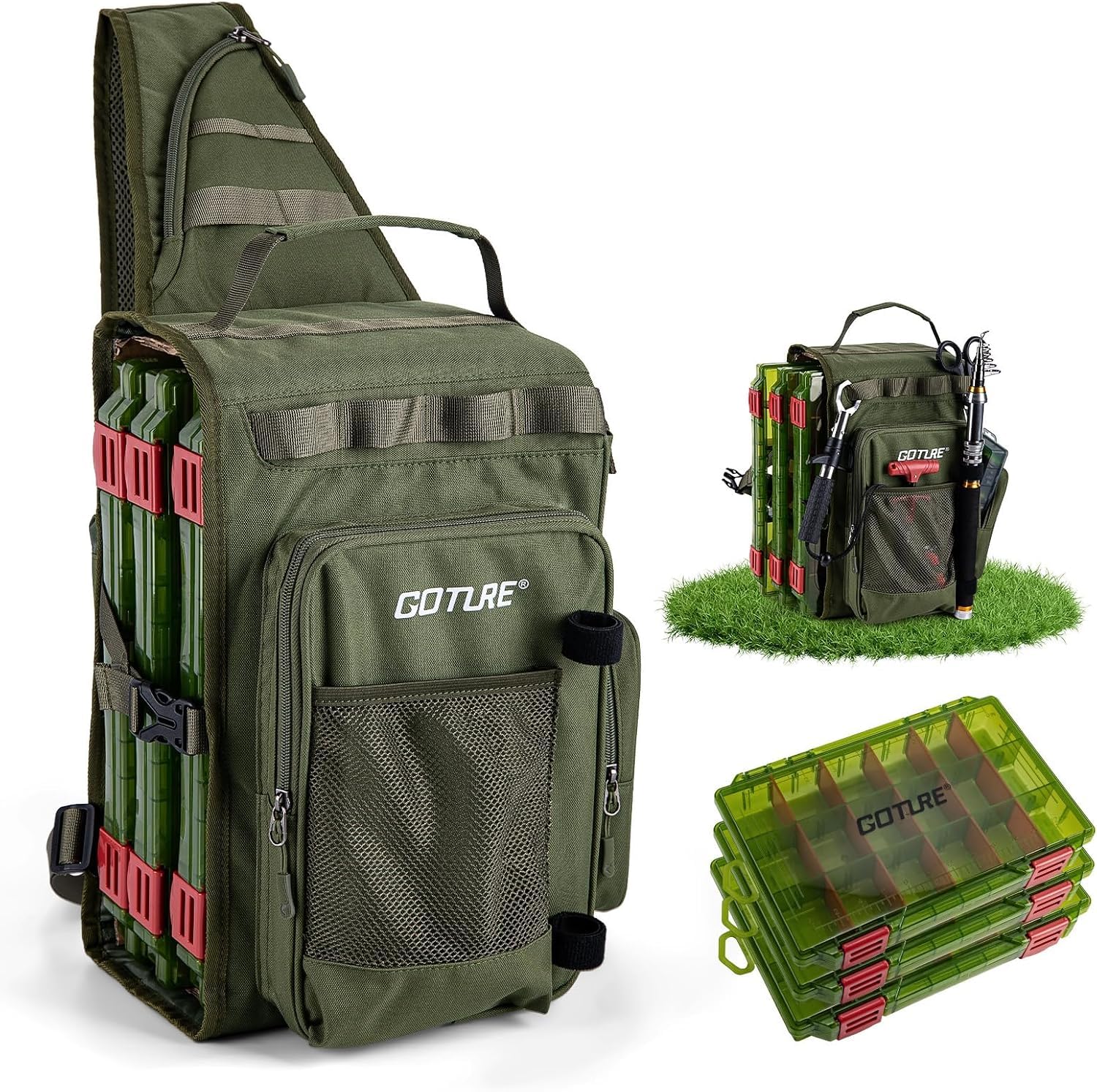 Goture Angeltasche mit 3 Köderbox Angeln, Angel Taschen mit einem Riemen, 900D Oxford, mehrere Taschen, Wasserdicht, Crossbody-Brusttasche für Wandern, Camping, Reisen