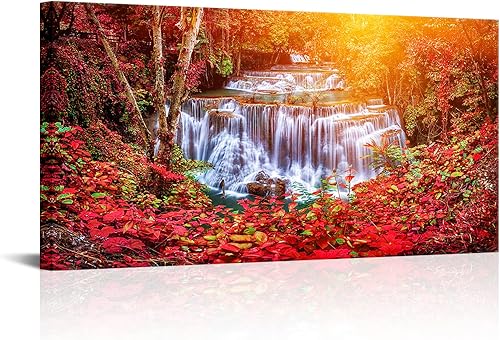 Miniatura 1 de YeiLnm Lienzo decorativo para pared, diseño de cascadas, árboles rojos, bosque, paisaje, lienzo para sala de estar, dormitorio, oficina, decoración