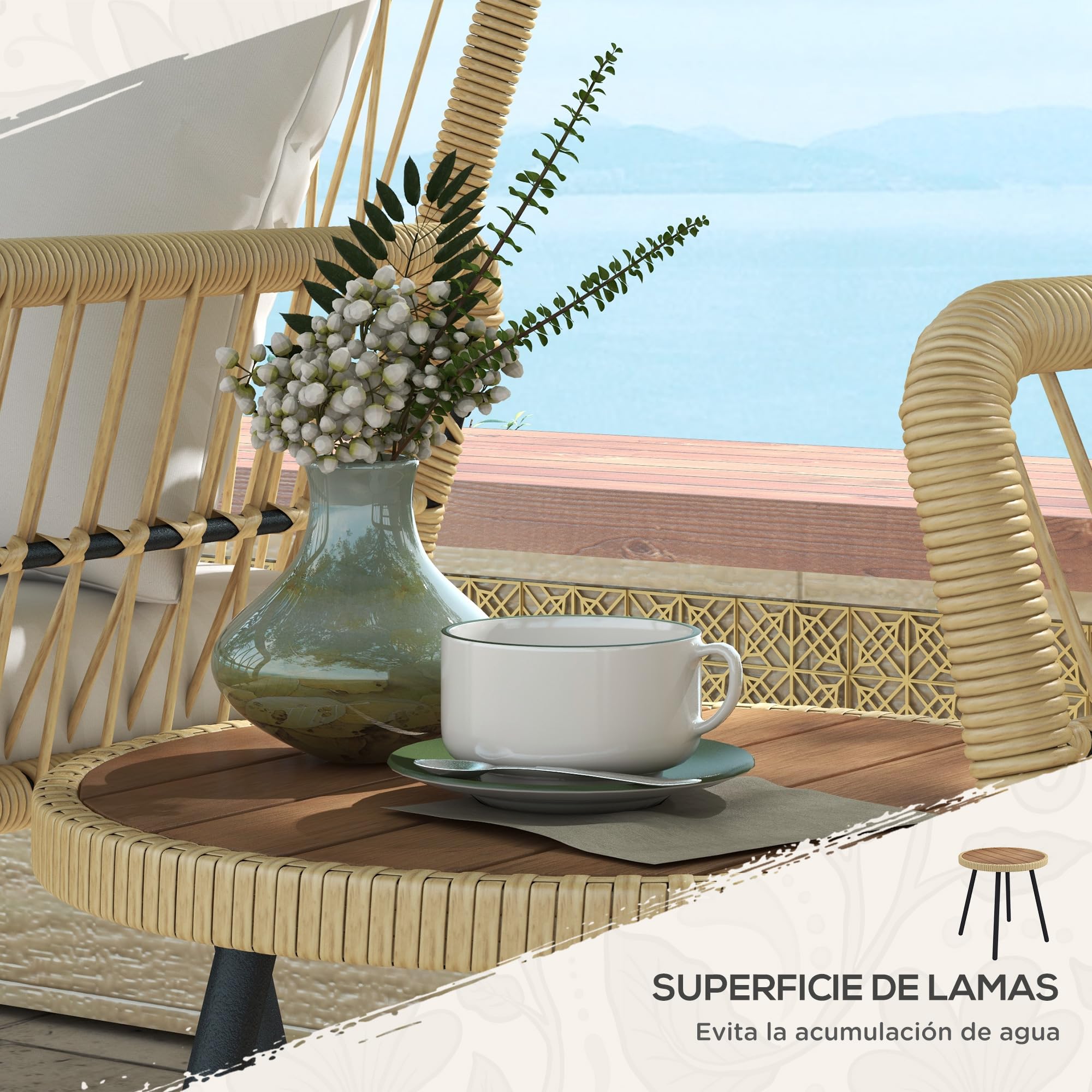 Outsunny Conjunto de Muebles de Jardín Juego de 3 Piezas Sillas y Mesa de Ratán con 2 Sillas 1 Mesa de Centro Redonda y Cojines para Terraza Césped Balcón Natural