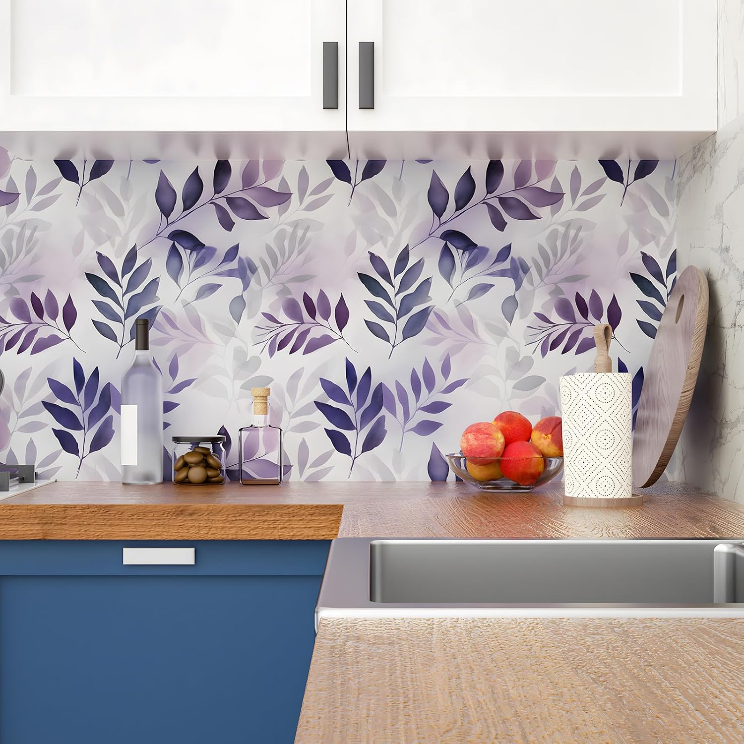 Purple Leaf Wallpaper Peel and Stick 17.5in x 32.8ft Vintage Leaf Contact Paper Vinyl Self Adhesive Removable Boho Modern Floral Wall Paper for Kitchen Desk Countertop