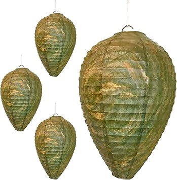 PESTEZE USA Green Camo 4 Pack Hanging Paper Wasp Nest Decoy Deterrent Outdoor Fake Hornet Hive Repellent for Wasps Yellow Jacket Control Patio Deck Garden Durable Weatherproof Pack Set for Home Use