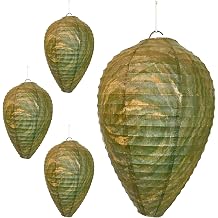 PESTEZE USA Green Camo 4 Pack Hanging Paper Wasp Nest Decoy Deterrent Outdoor Fake Hornet Hive Repellent for Wasps Yellow Jacket Control Patio Deck Garden Durable Weatherproof Pack Set for Home Use