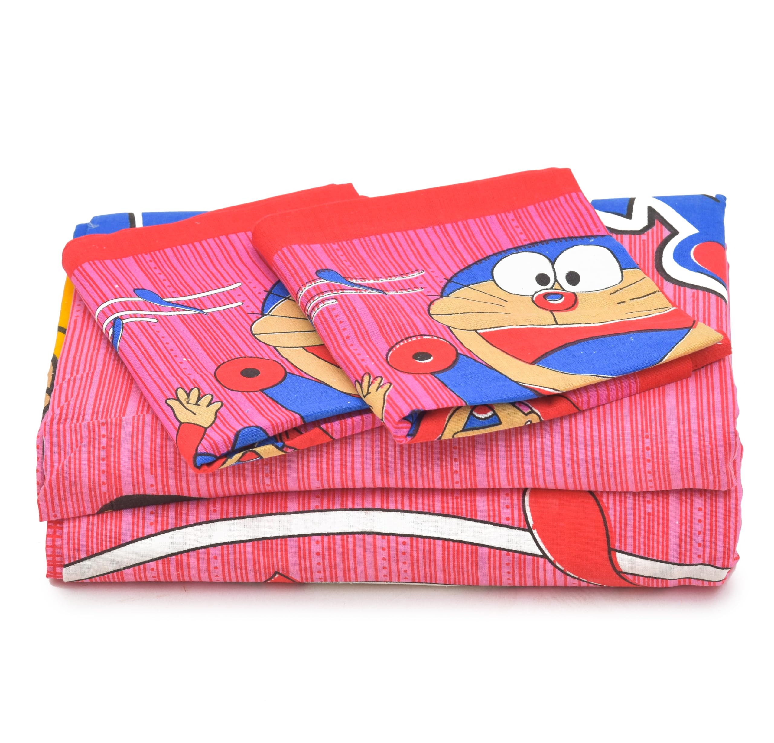 ManavRachit Cotton 210 TC BedSheet (90 x 100 inches) with 2 Pillow Covers Cartoon Doraemon Printed Double Bed King Size for Kids Bed, Home and Living Room (Pink)