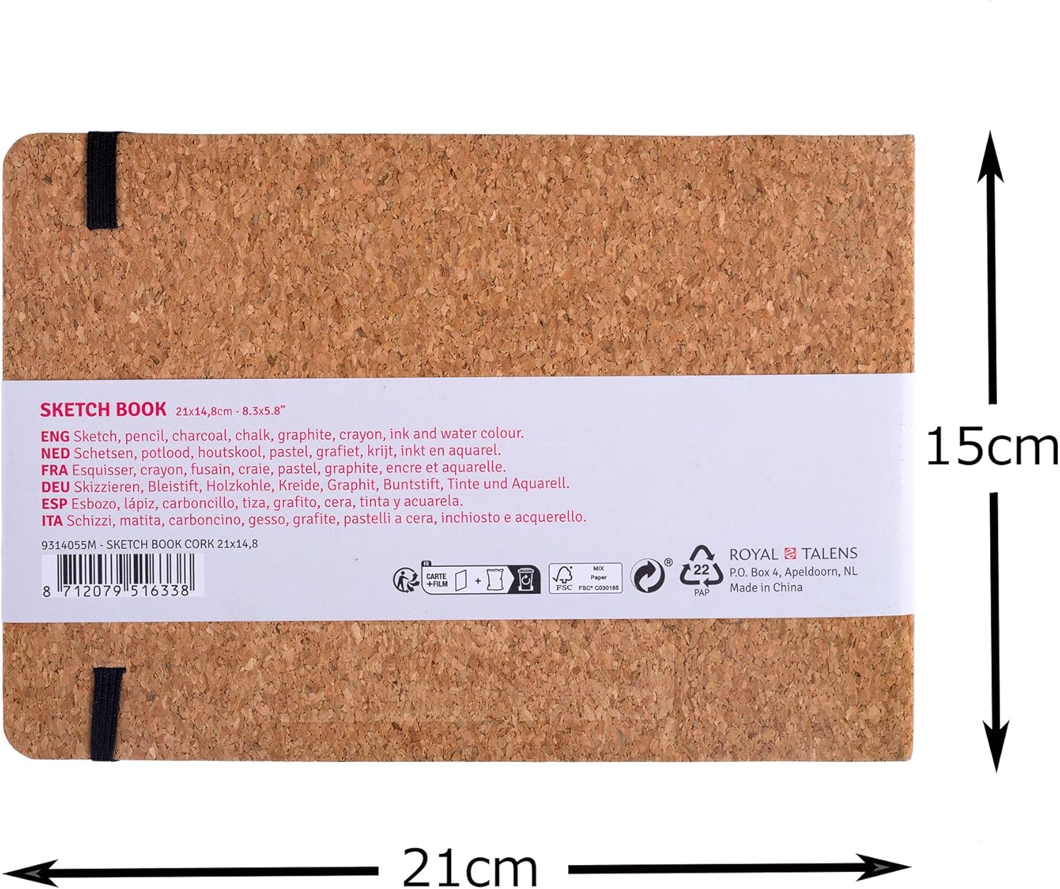 Talens T9314-055M 454615 Art Creations Sketchbook, Drawing Notebook, 8.3 x 5.9 inches (21 x 15 cm), Cork, Thickness: 4.1 oz/sq ft (140 g/m2), Fine, Acid Free Paper, 80 Sheets Bound