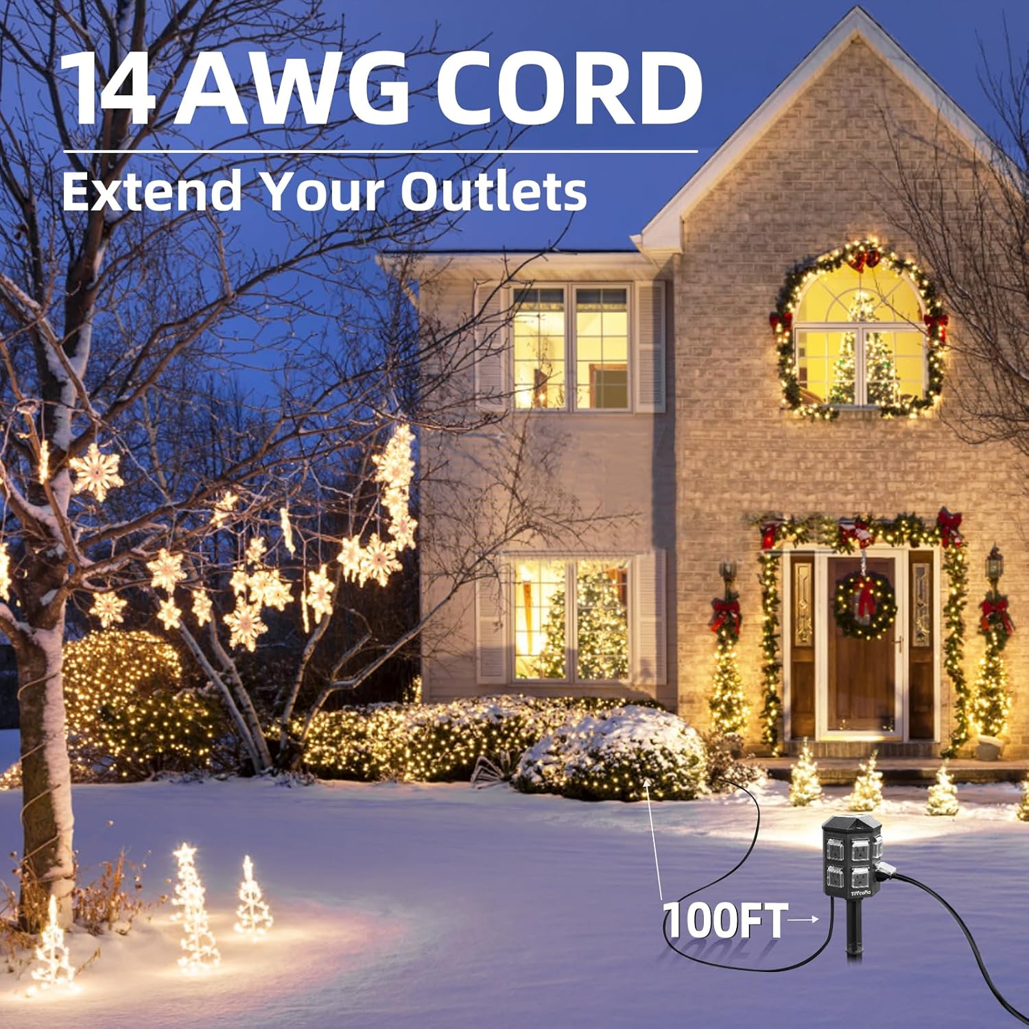 100FT 14 AWG Extension Cord for Tiffcofio Outdoor Power Strip