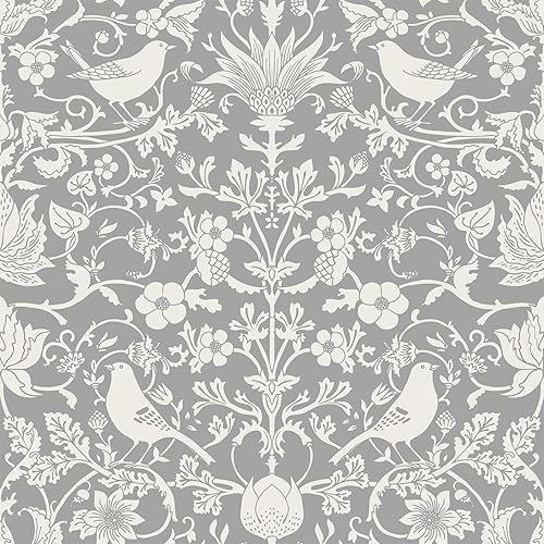 Livelynine 17.5x276 William Morris Peel and Stick Vintage Wallpaper with Birds and Flowers Farmhouse White Grey Floral Wall Paper for Bathroom Waterproof Removable Drawer Contact Paper for Cabinets
