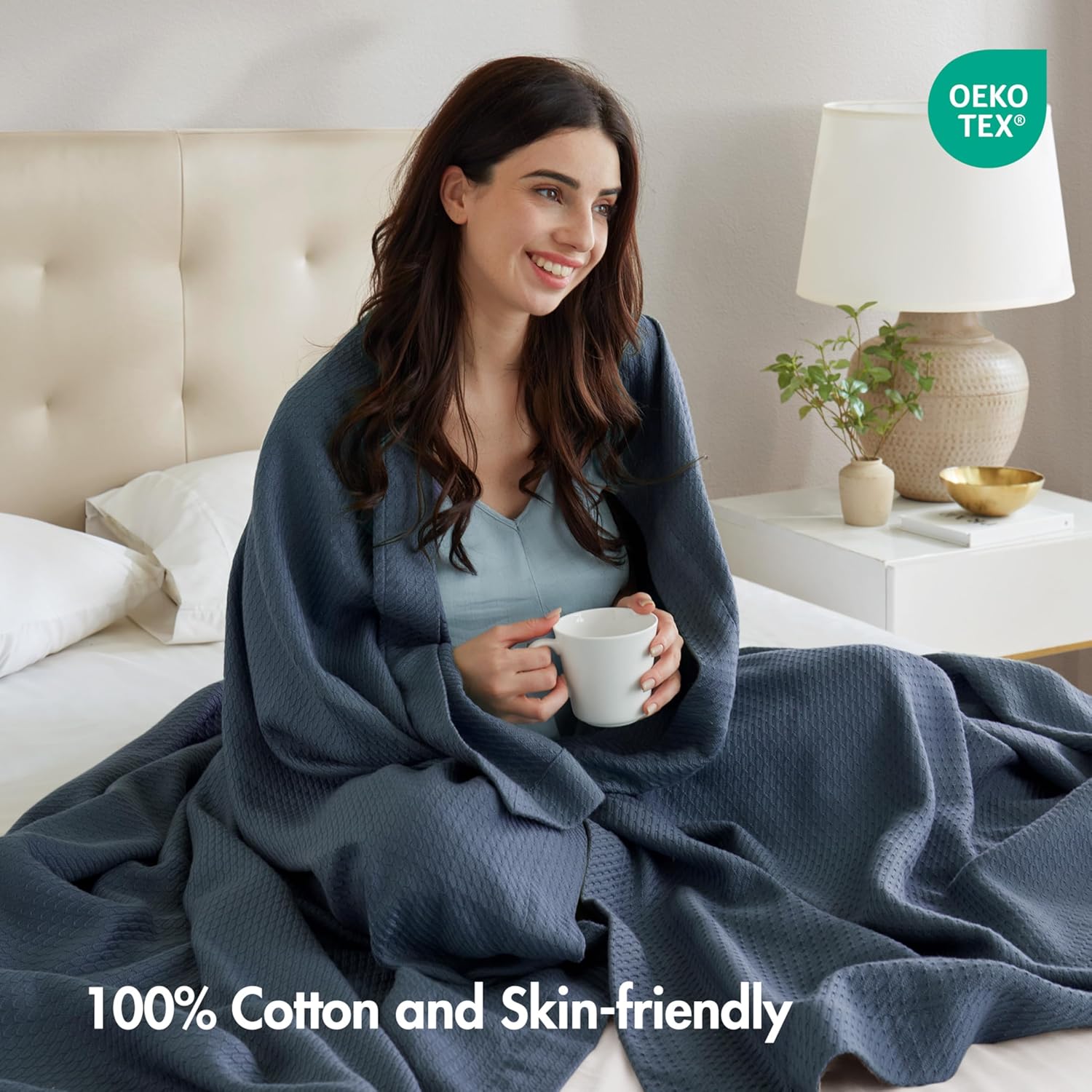 Madison Park 100% Egyptian Cotton Lightweight Summer Blanket, Breathable Waffle Knit Design, Soft Cozy All-Season Throw for Bed, Couch or Sofa, Blue Full/Queen Size (90"x90") - Image 4