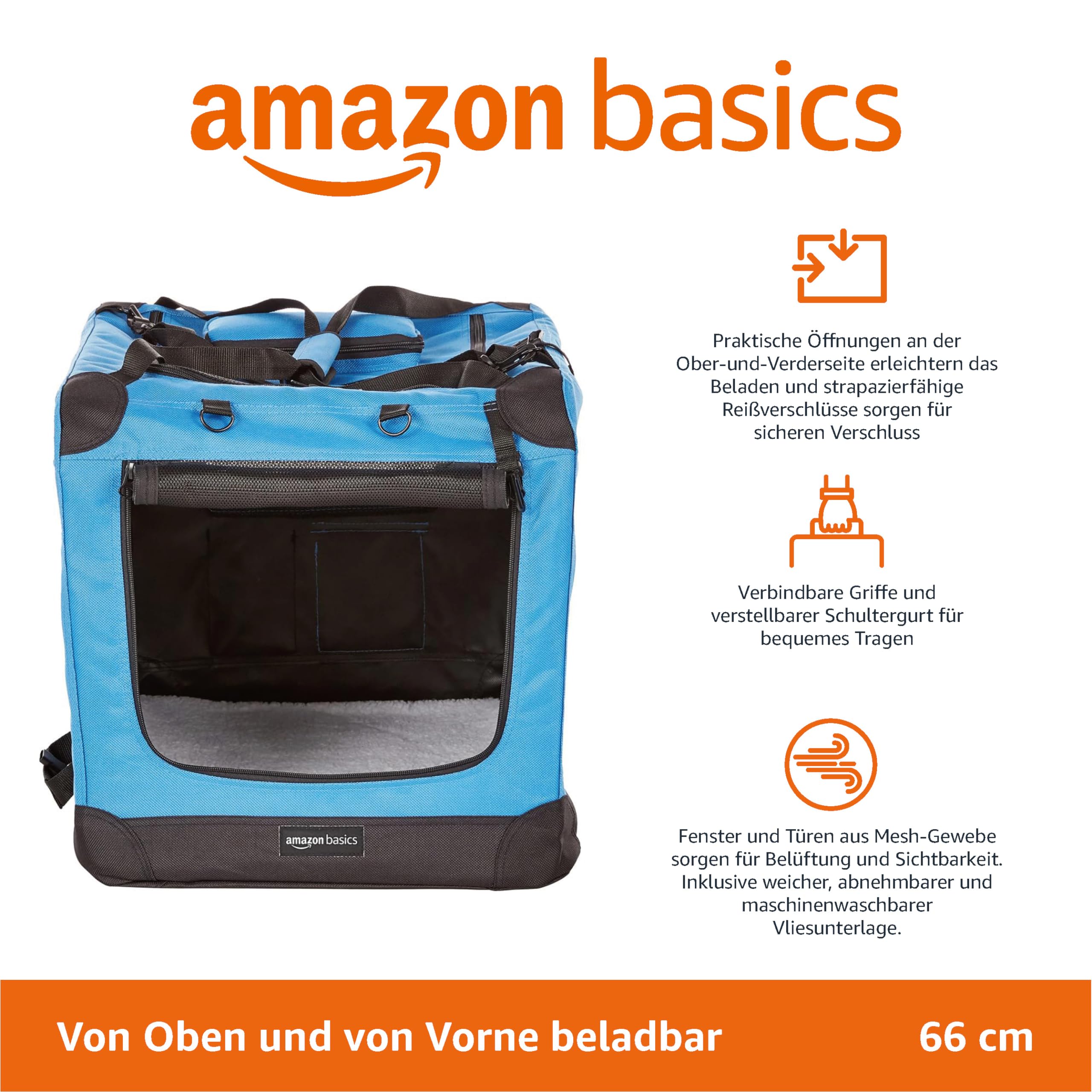 Amazon Basics - Hochwertige Haustier-Transportbox, faltbar, weich - 66 cm, BLAU