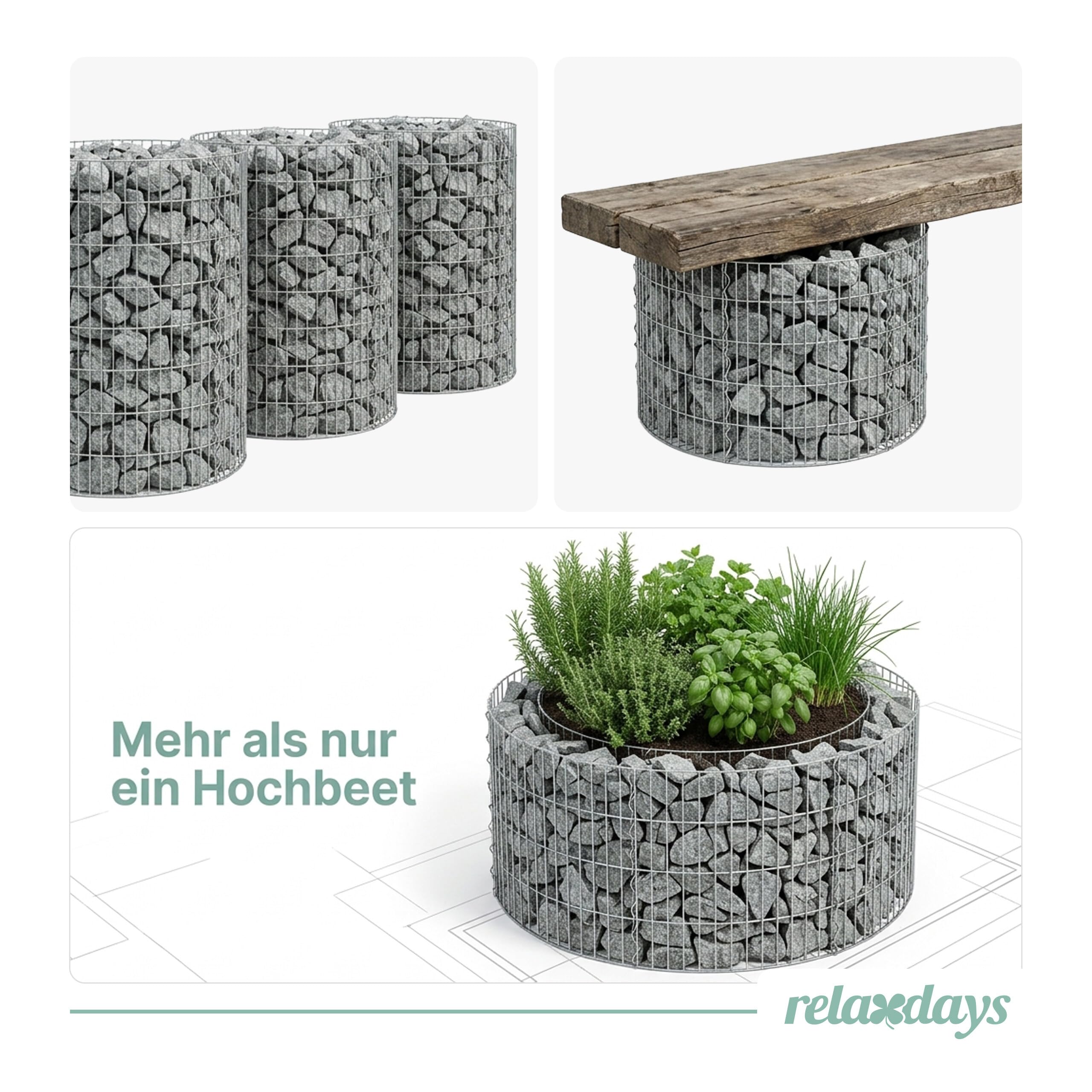 Relaxdays Gabione rund, Hochbeet Garten, Steinkorb, 3.5mm Draht, bepflanzbar, HxØ: 40x90 cm, Gabionenwand, Stahl, silber